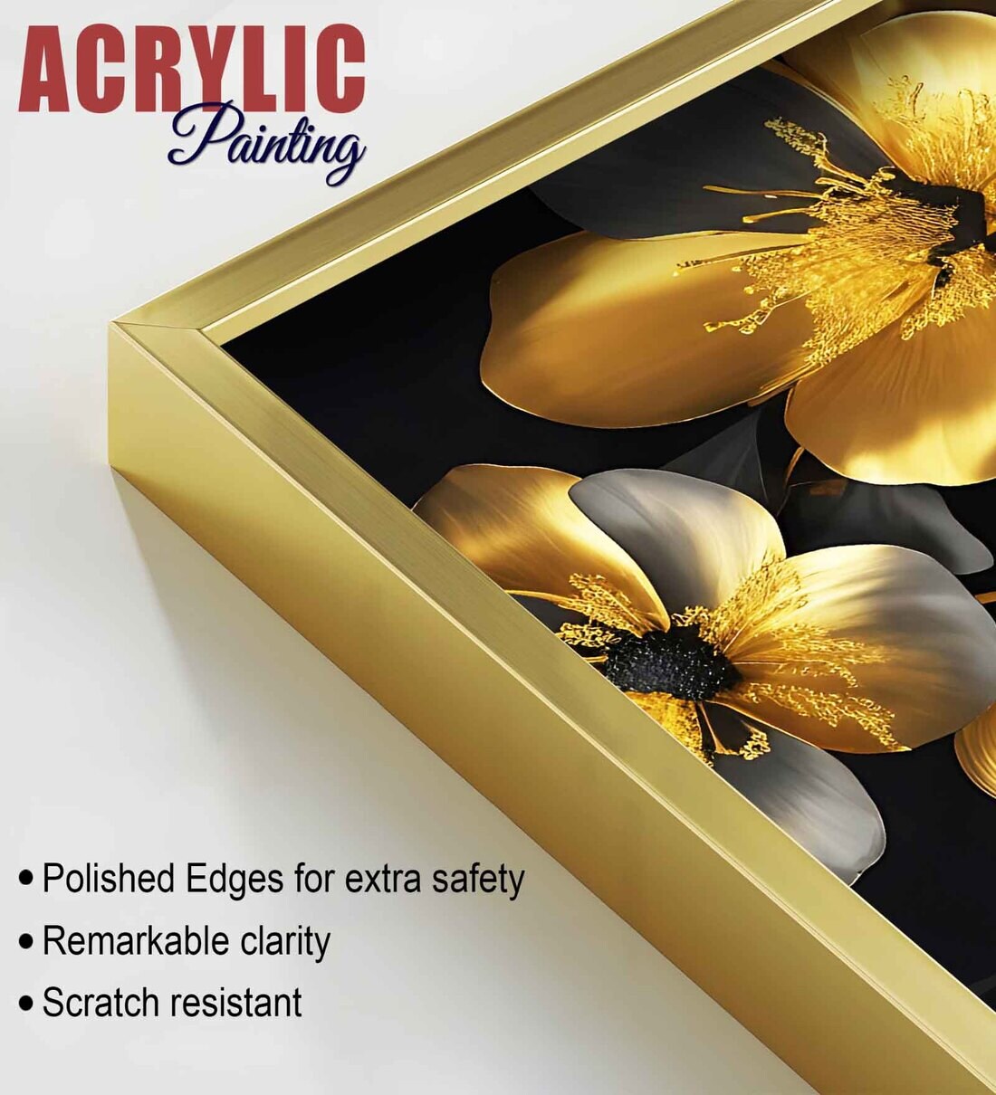 Buy Beautiful Golden Flower Acrylic Framed Art Panel (Set Of 2) at