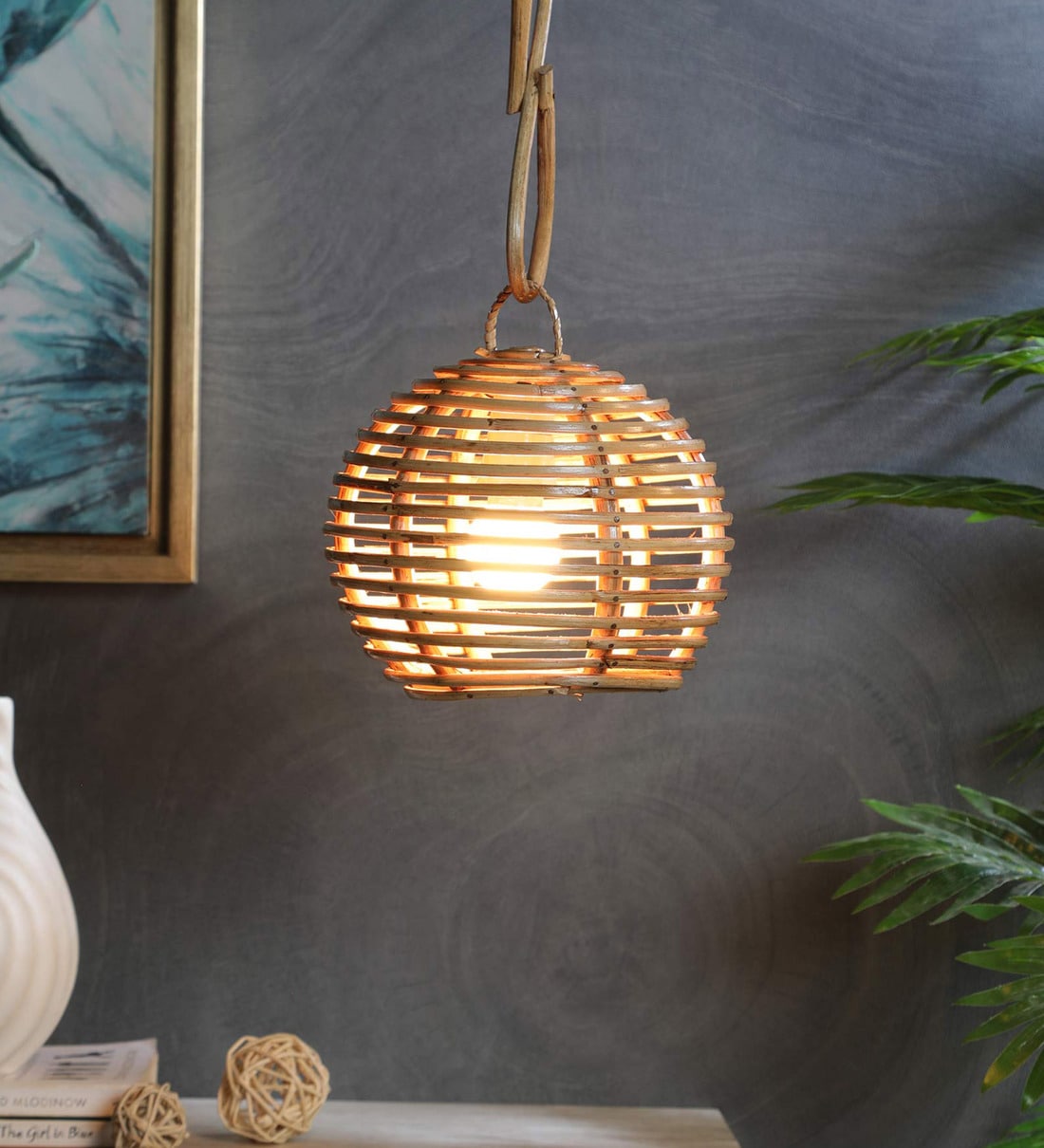 Buy Dylla Beige Assam Cane Single Hanging Light By Zilver Online