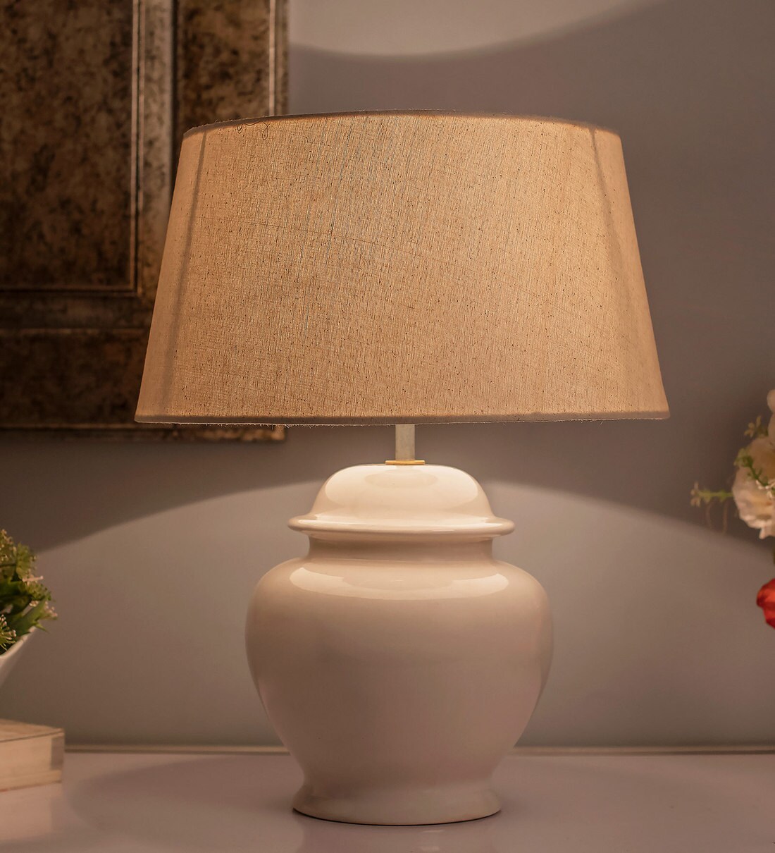 Buy Beige Fabric Shade Table Lamp with White Base by Homesake Online