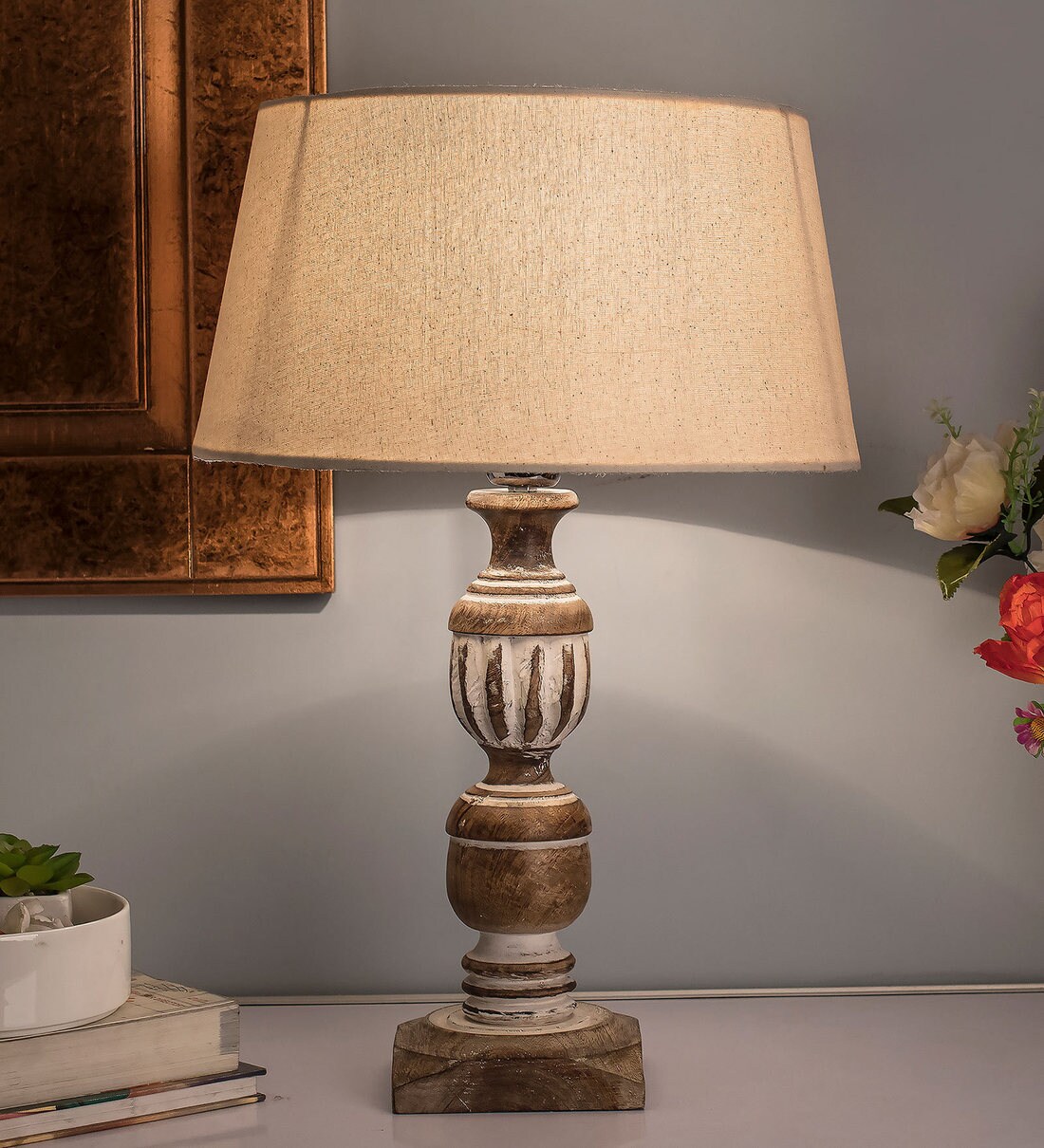 Buy Beige Fabric Shade Table Lamp with Brown Base by Homesake Online