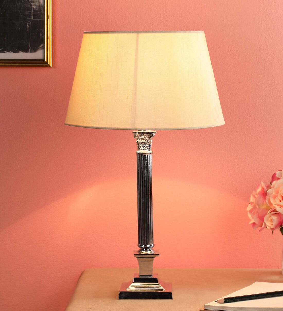Buy Beige Fabric Shade Table Lamp with Silver Base by Foziq Online