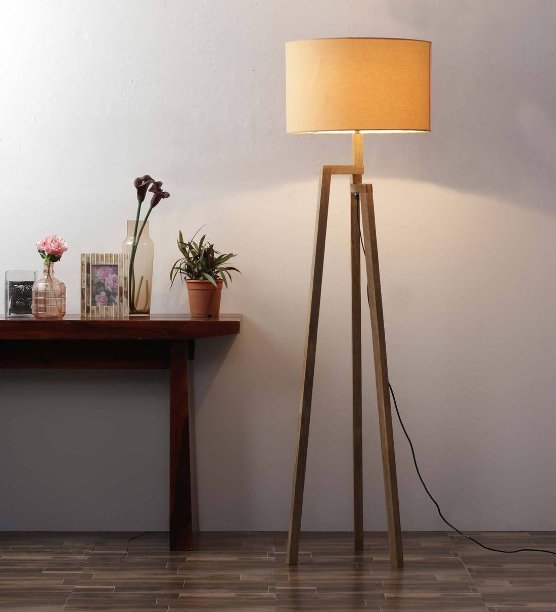 Buy Cesky Beige Fabric Shade Tripod Floor Lamp with Brown Base by