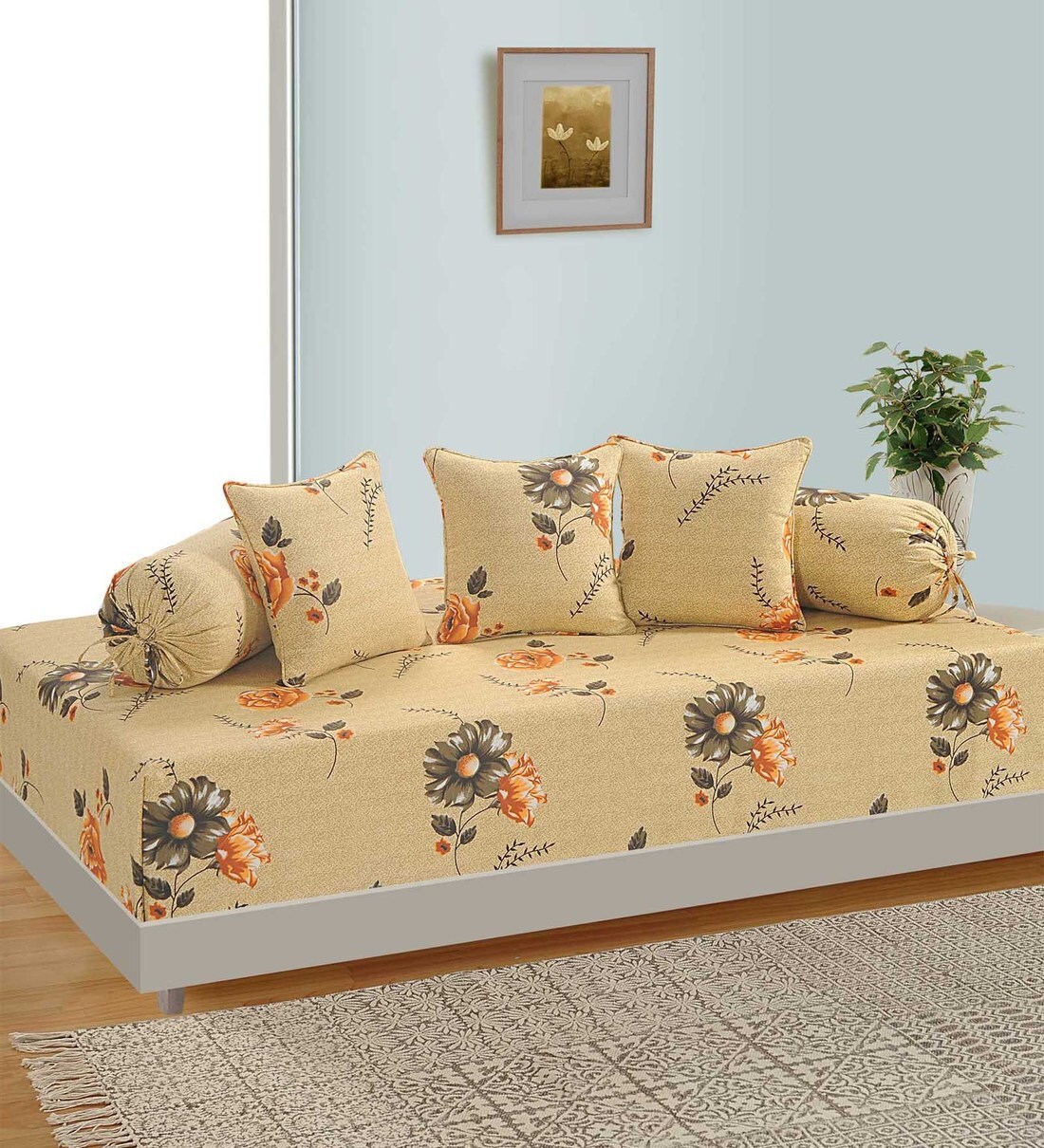 Buy Beige Floral Diwan Set with Bolster and Cushion Covers (Set of 6