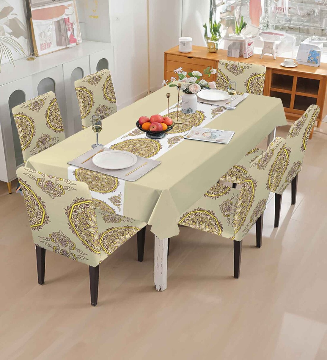Beige Solids Pcs PVC Spandex Table Cover With Chair Cover