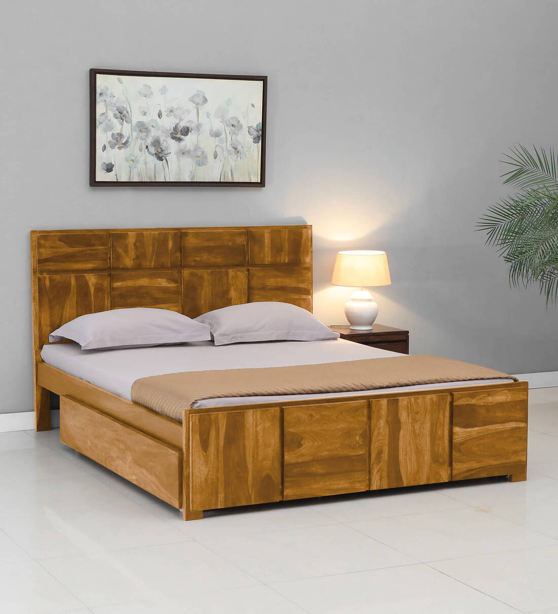 Buy Bergen Sheesham Wood Queen Size Bed In Rustic Teak Finish With