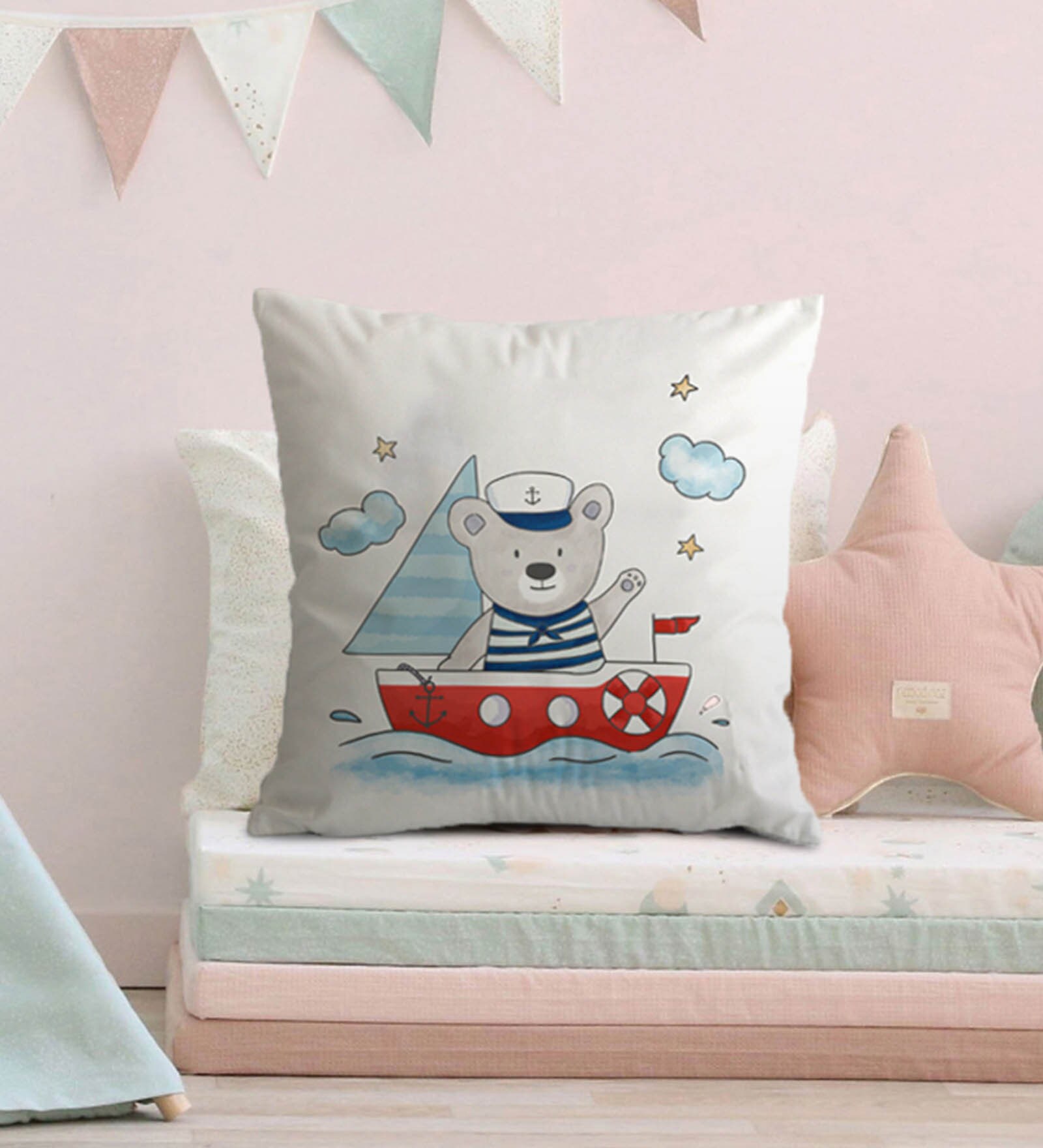 Canvas Cushion with Sailor Bear Print