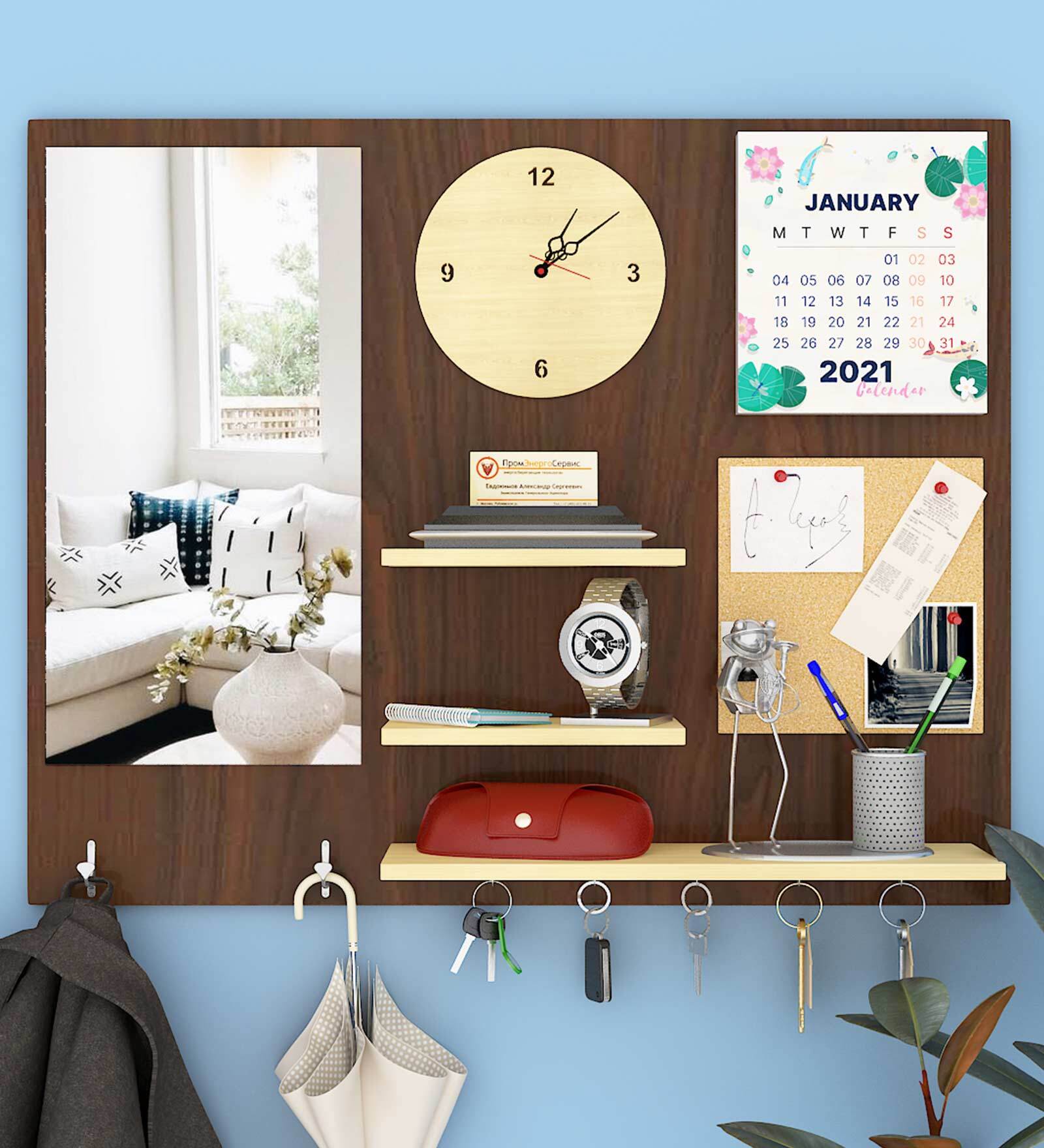 Beautiful (7 In One)' Wooden Wall Organiser With Wall Mirror