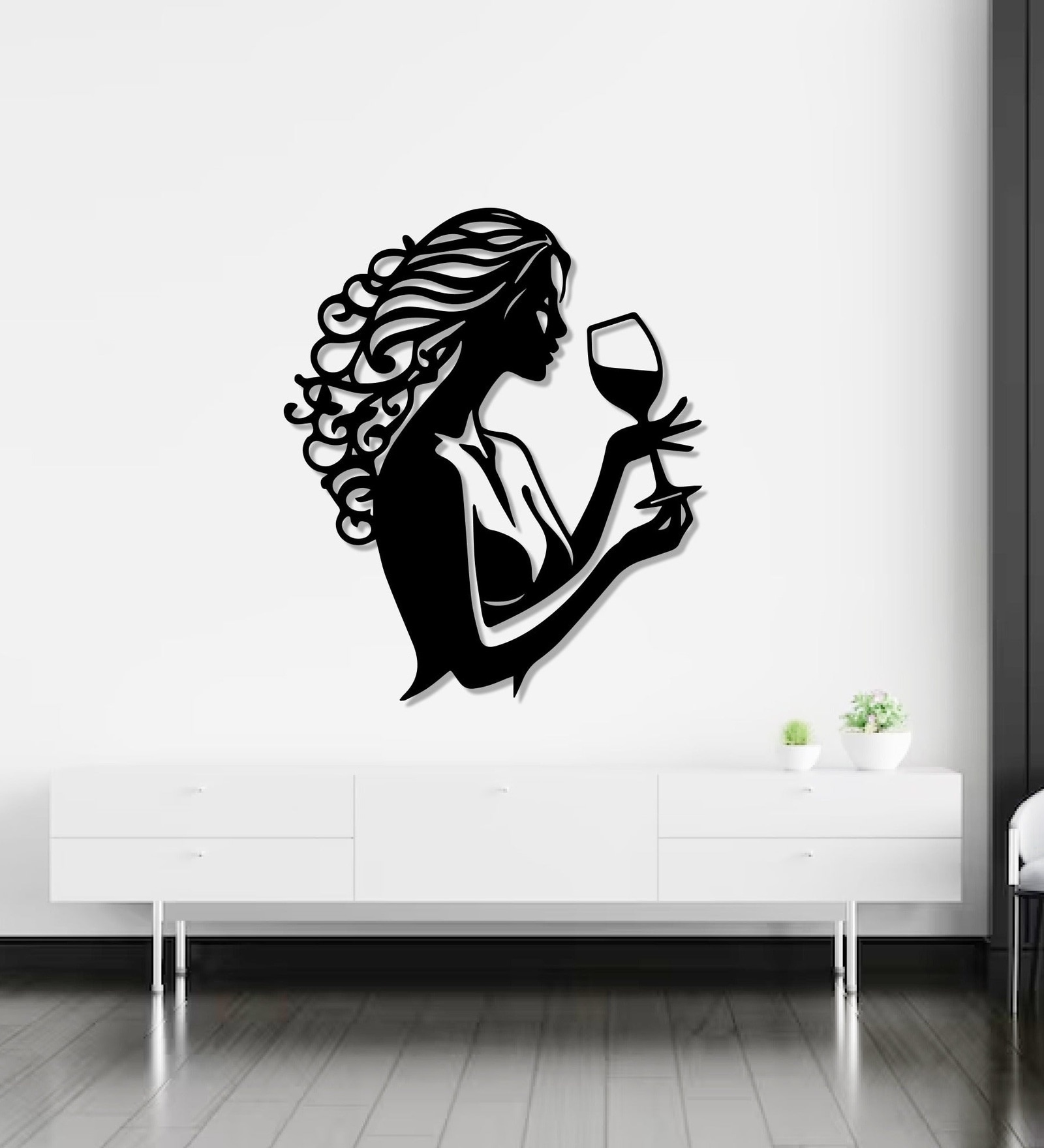 Beautiful Curly Hair Women With Wine Metal Wall Art Decor