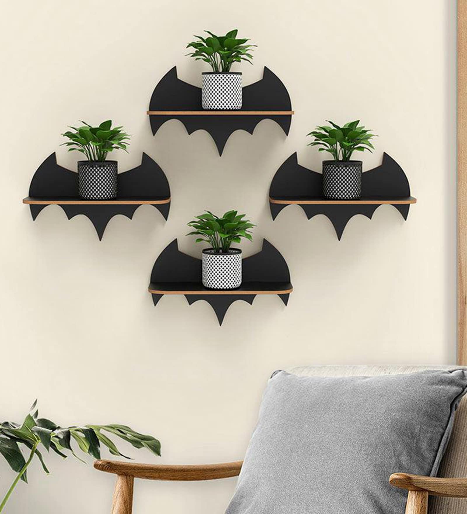 Beautiful Design Batman Shaped Wooden Wall Shelf Set Of Four