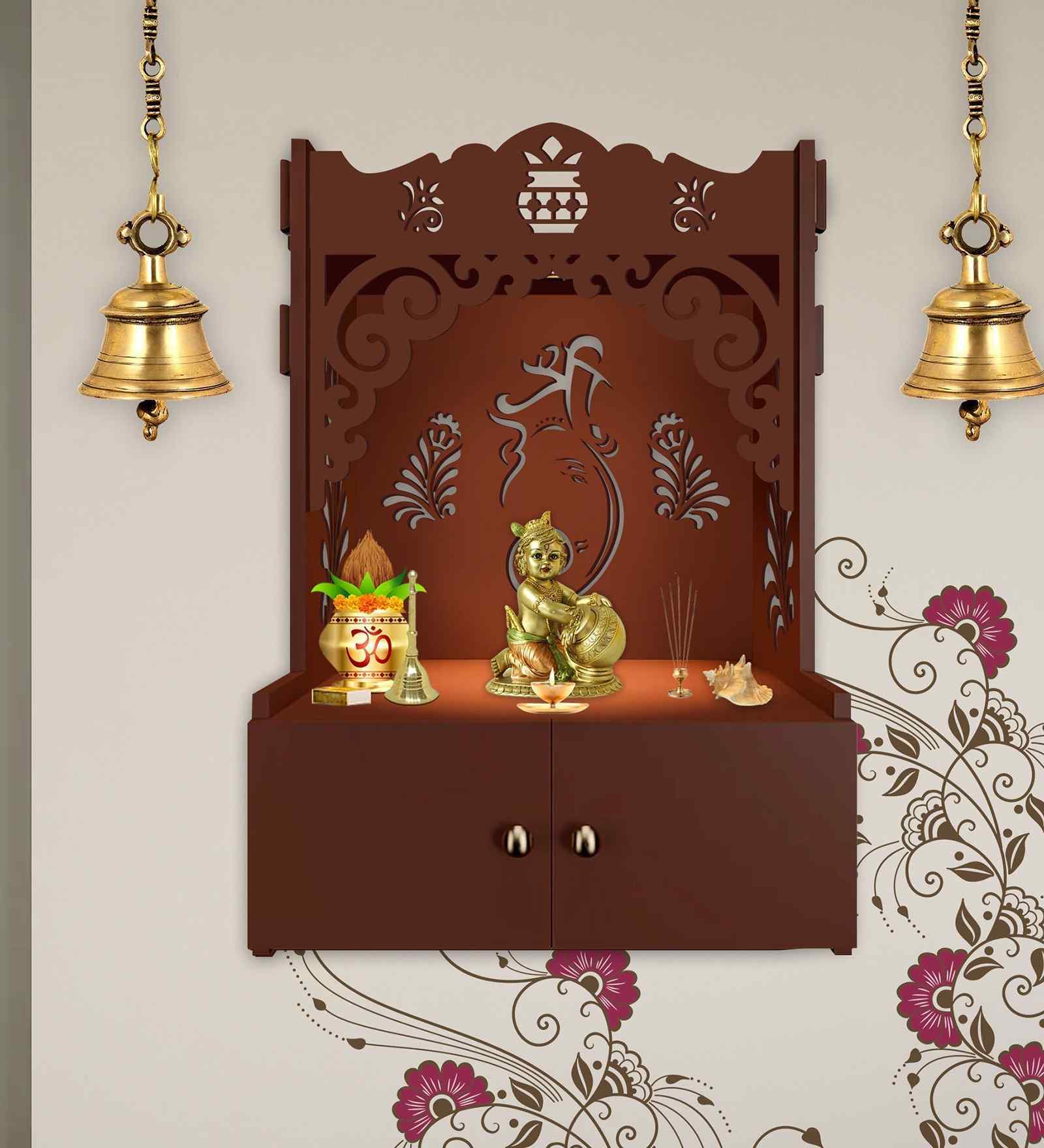 Beautiful Design of Lord Ganesh Brown Wooden Wall Temple for Home With Inbuilt focus Lights & Spacious Shelf