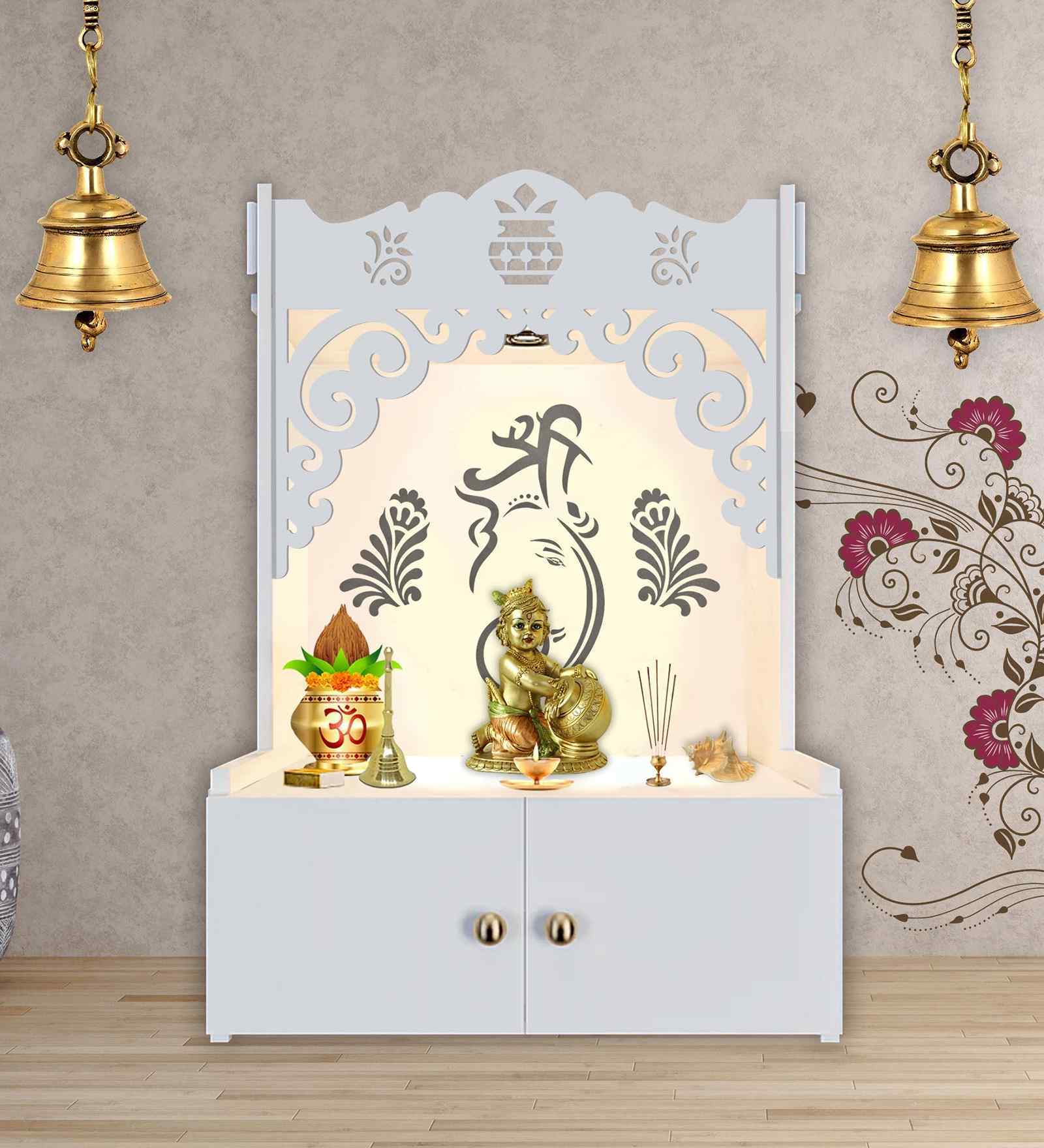 White Finish Beautiful Design of Shri Ganesh Floor Temple with Spacious Wooden Shelf & Inbuilt Focus Light