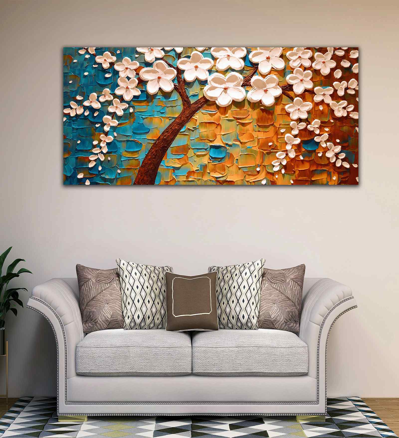 Beautiful Floral Tree With White Flower Premium Canvas Wall Painting