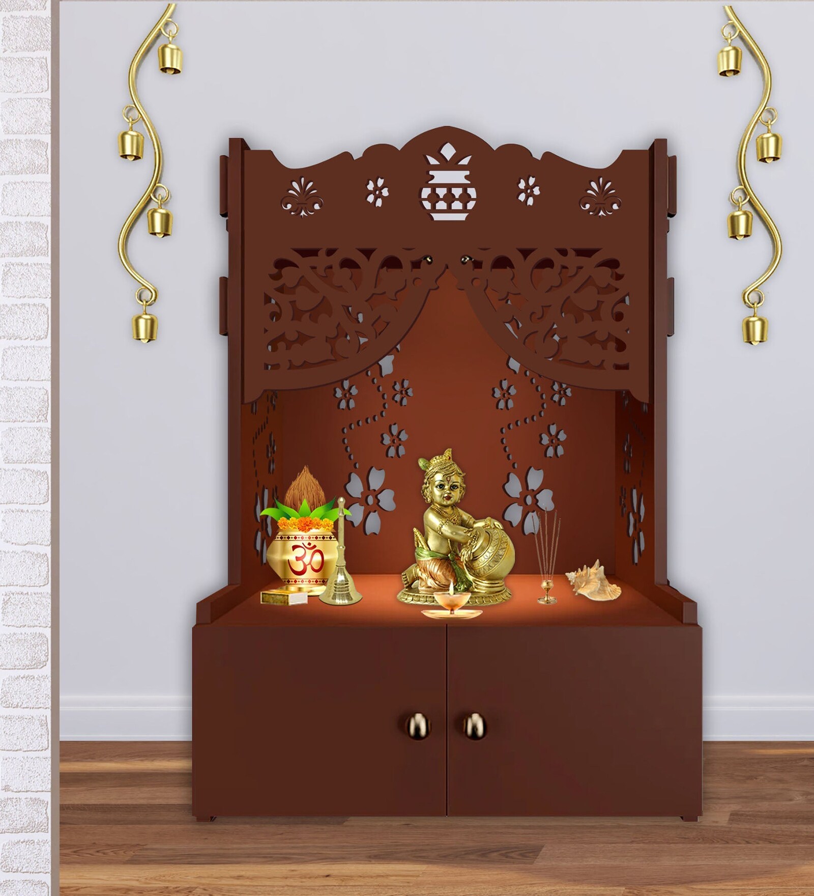 Brown Finish Beautiful Flower Design Pattern Floor Temple with Spacious Wooden Shelf & Inbuilt Focus Light