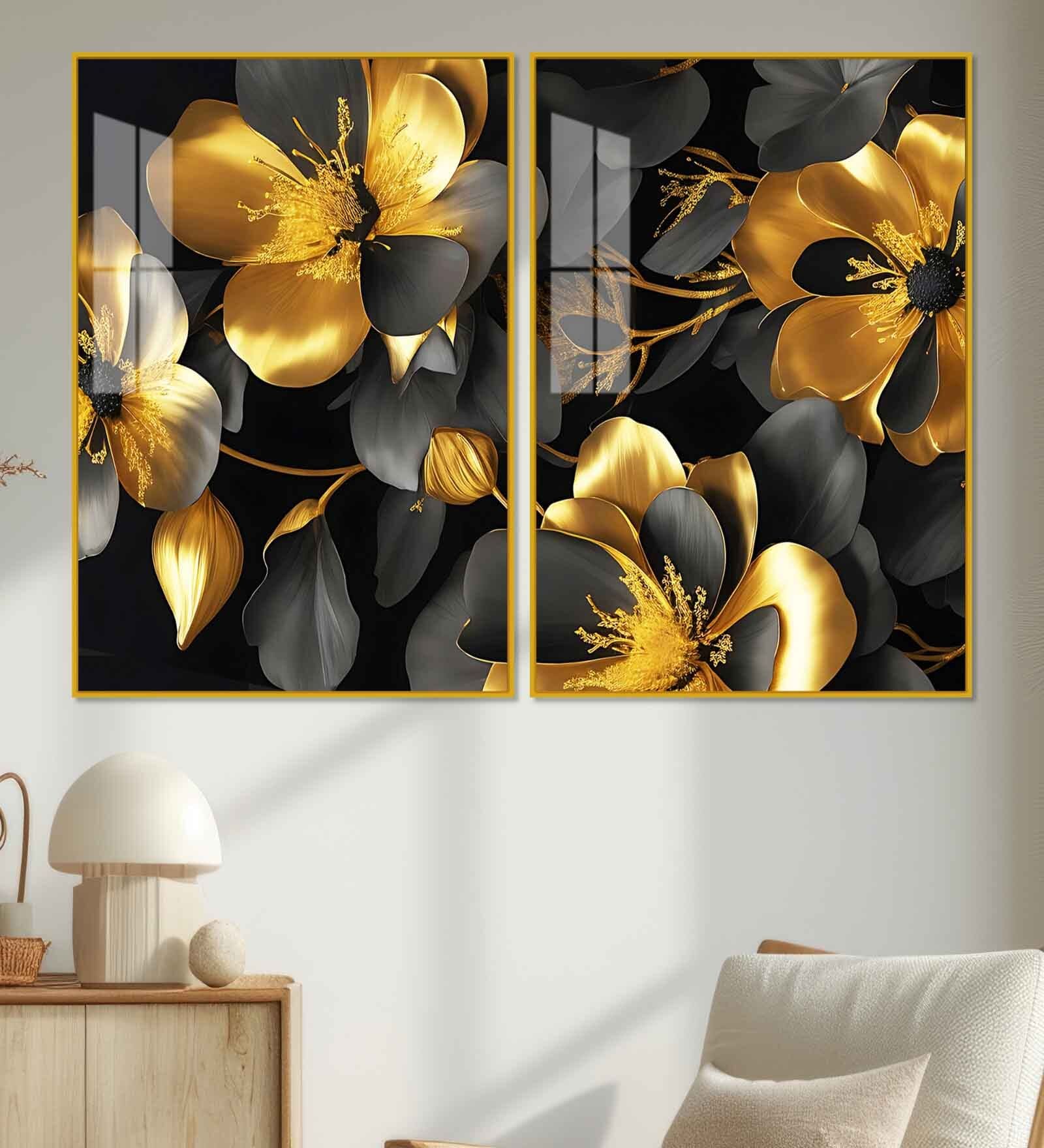 Beautiful Golden Flower Acrylic Framed Art Panel (Set Of 2)
