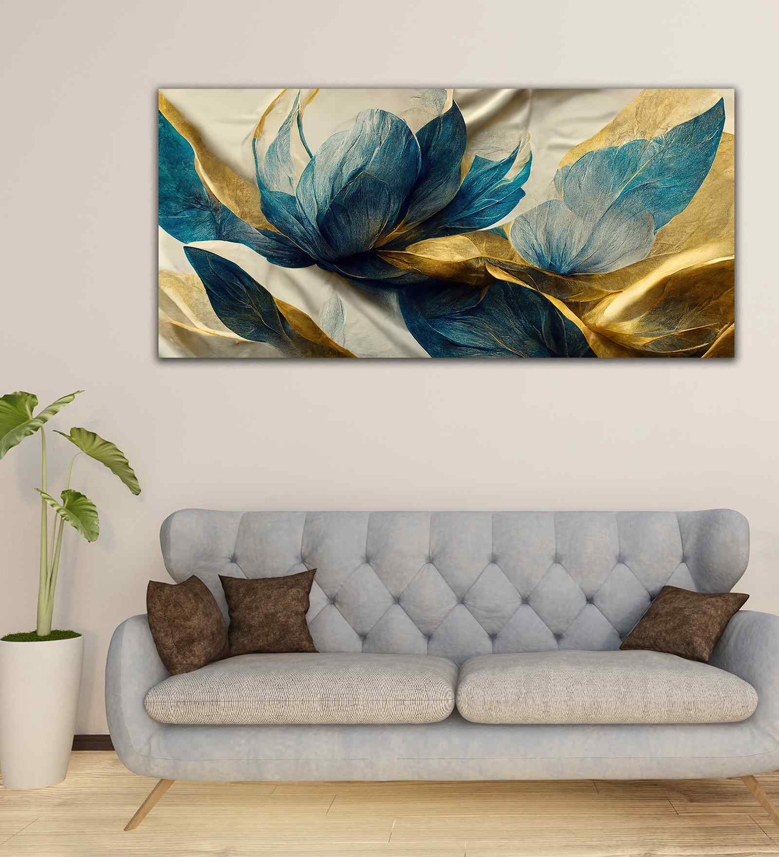 Beautiful Golden Flower And Waves Canvas Wall Painting