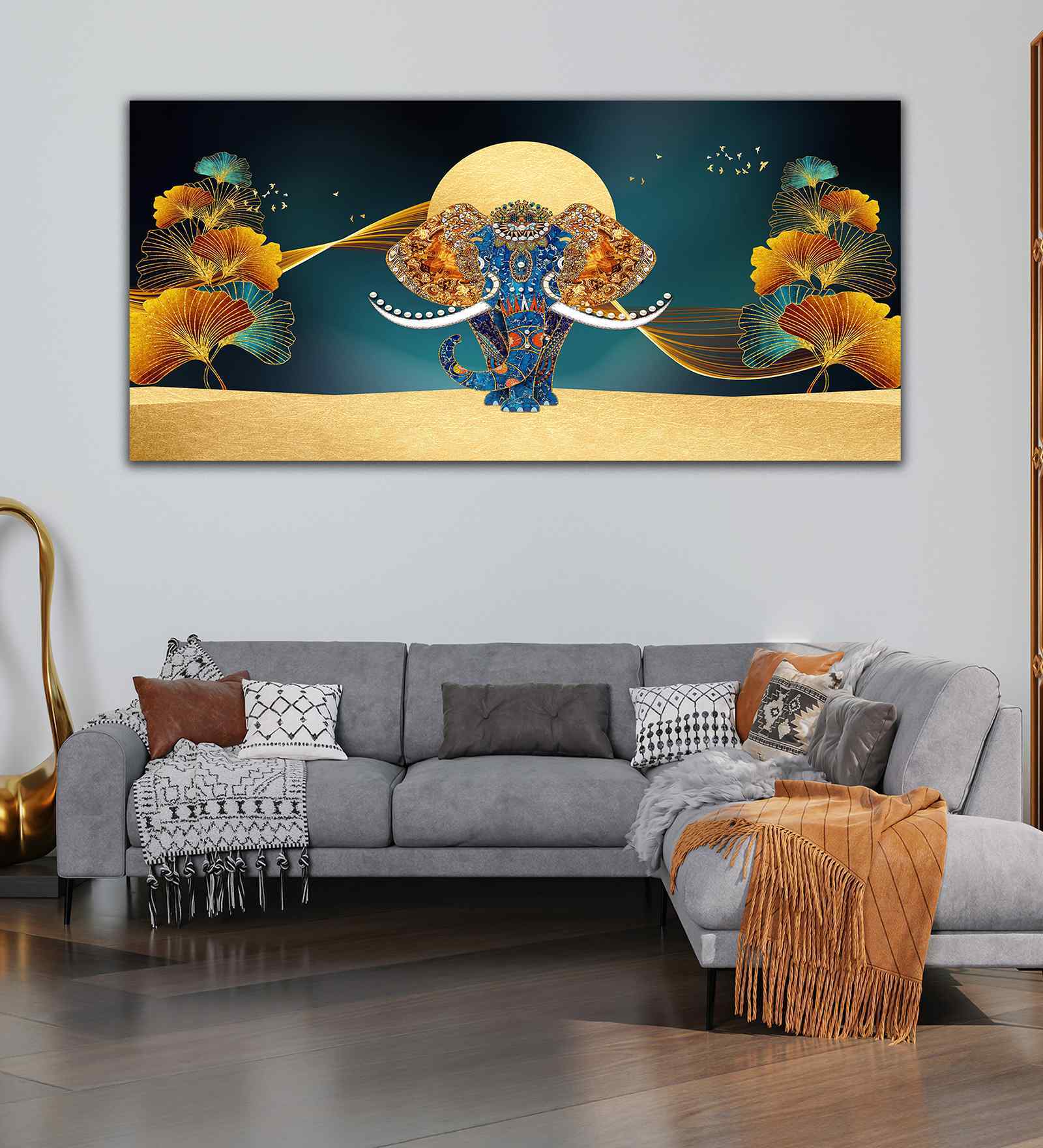 Beautiful Golden Flowers With Elephant Premium Canvas Wall Painting