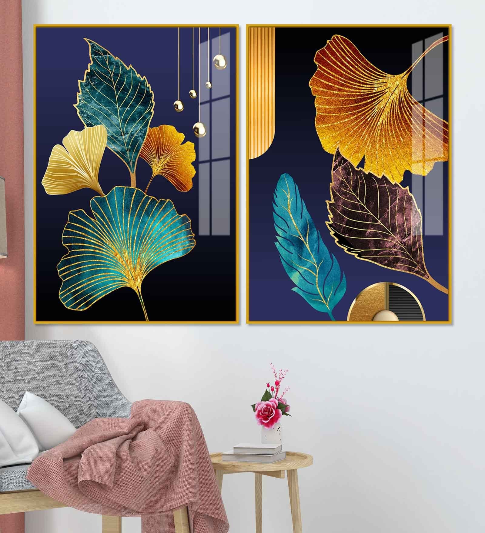 Beautiful Golden Leaves Acrylic Framed Art Panel (Set Of 2)