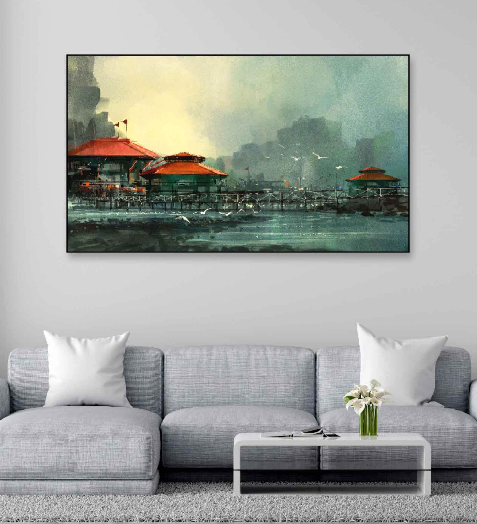Beautiful Harbor Fishing Village Multicolour Canvas Art Print