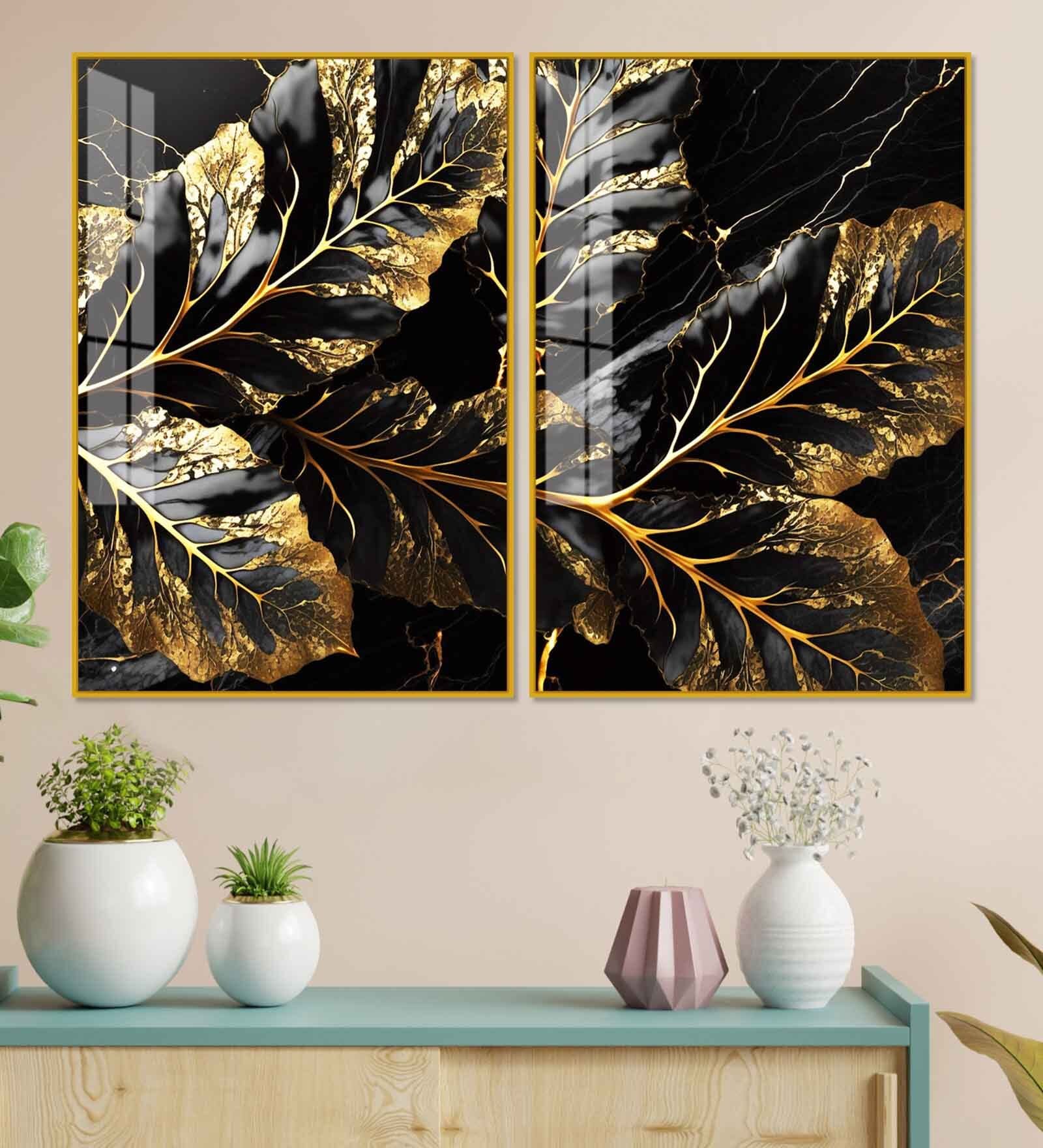 Beautiful Leaf Golden Textural Art Acrylic Framed Art Panel (Set Of 2)