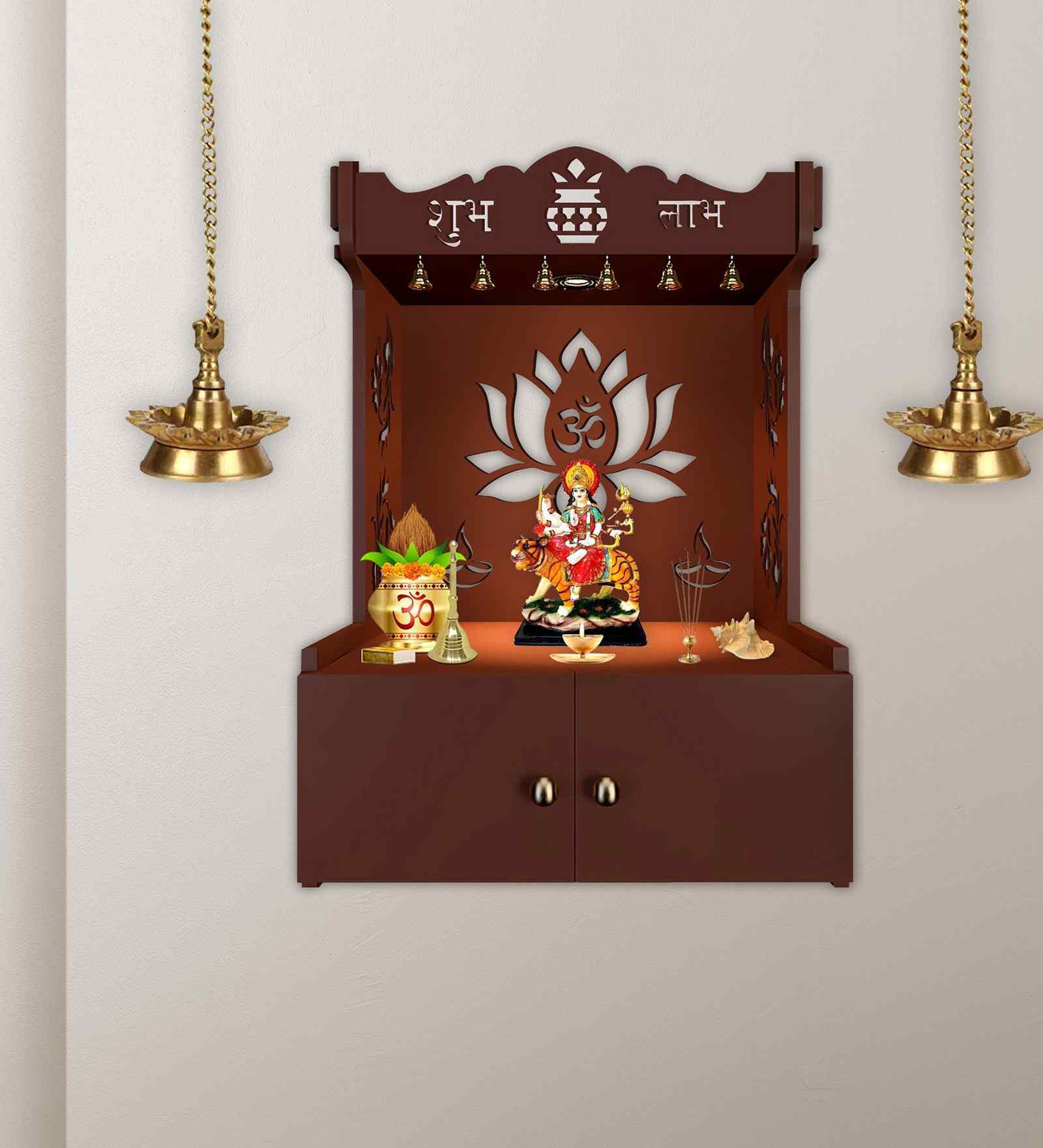 Beautiful Lotus Pattern Brown Wooden Wall Temple for Home With Inbuilt focus Lights & Spacious Shelf