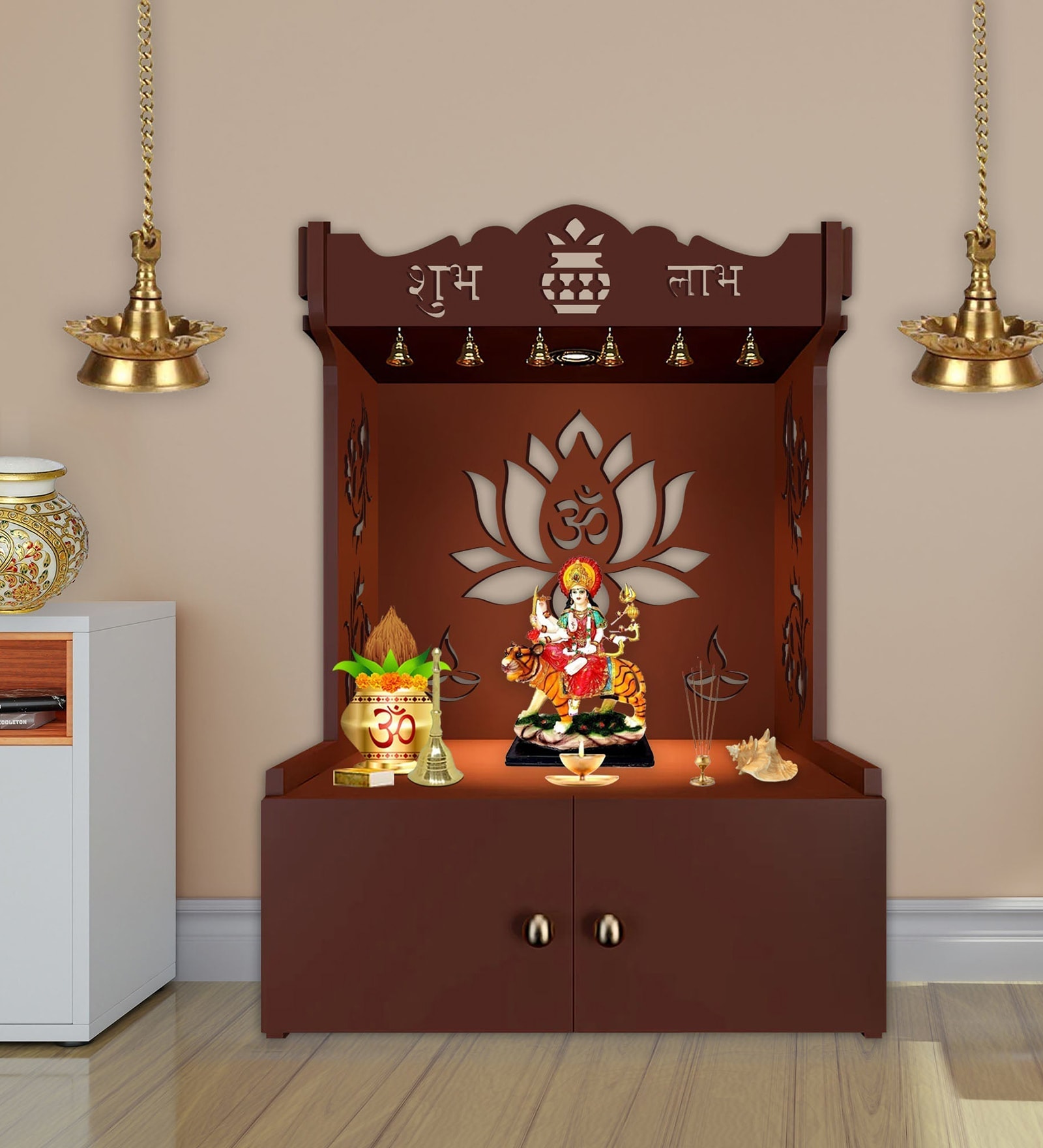 Brown Finish Beautiful Lotus Pattern Floor Temple with Spacious Wooden Shelf & Inbuilt Focus Light-