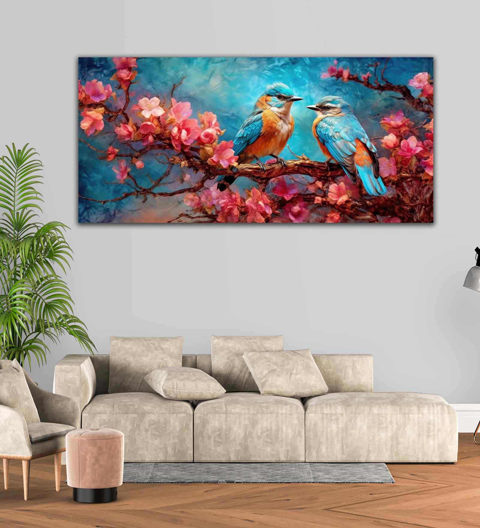 Beautiful Love Birds On A Branch With Pink Flowers Canvas Wall Painting