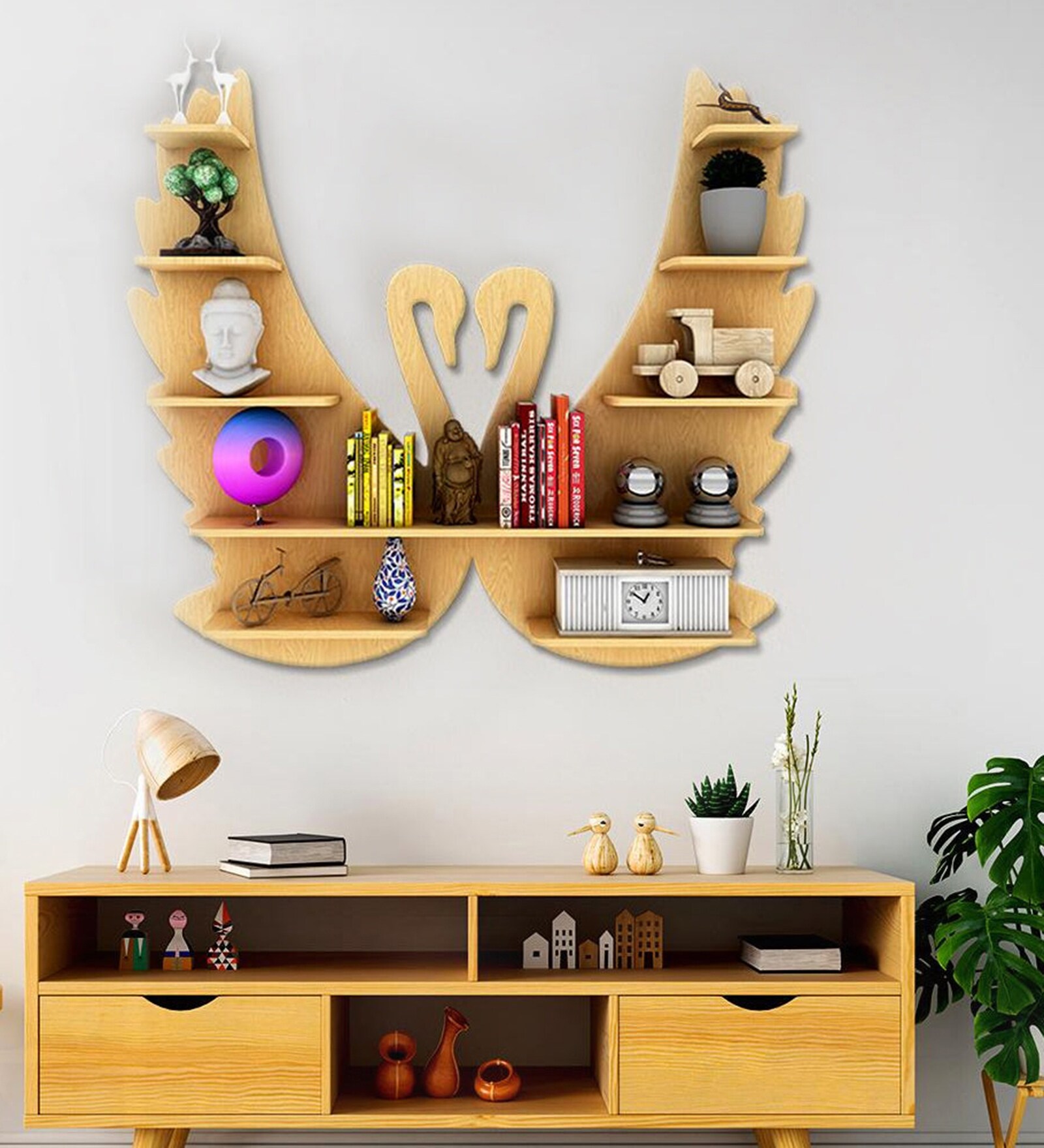 Beautiful Loving Swan Backlit Designer Wooden Wall Shelf