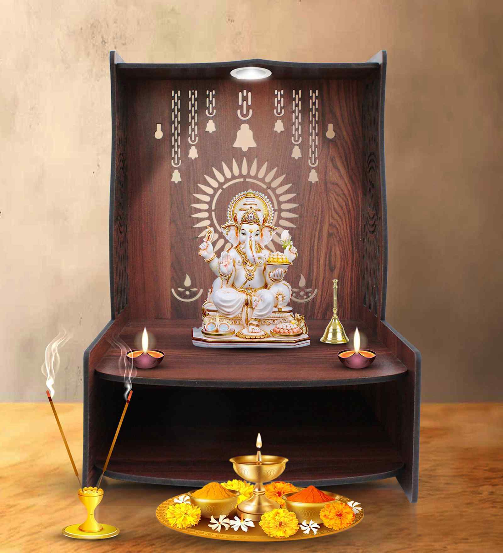 Beautiful Luxurious Wooden Pooja Mandir with LED Lighting
