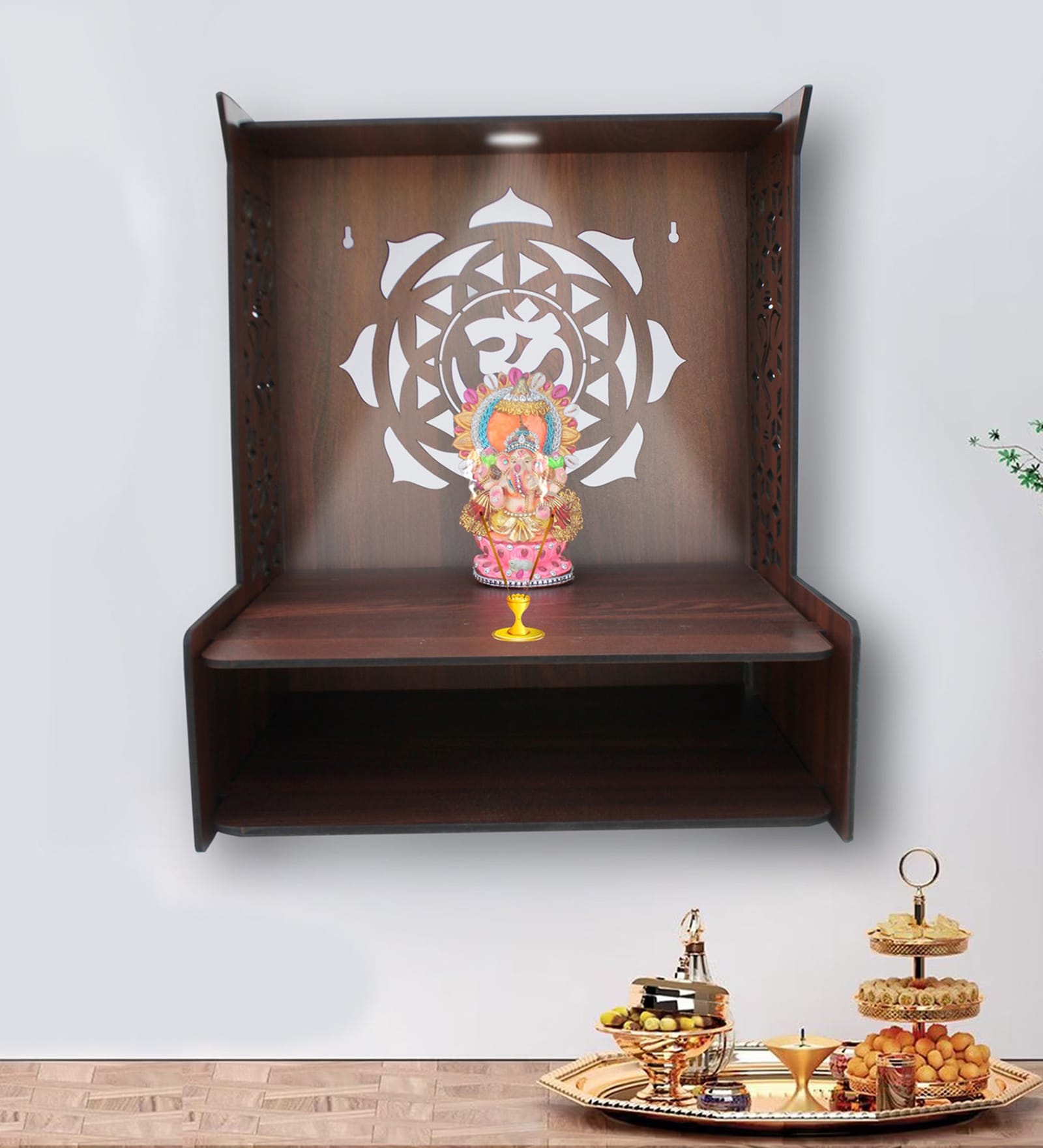 Beautiful Luxurious Wooden Temple for Home with Spacious Shelf & Inbuilt Focus Lights