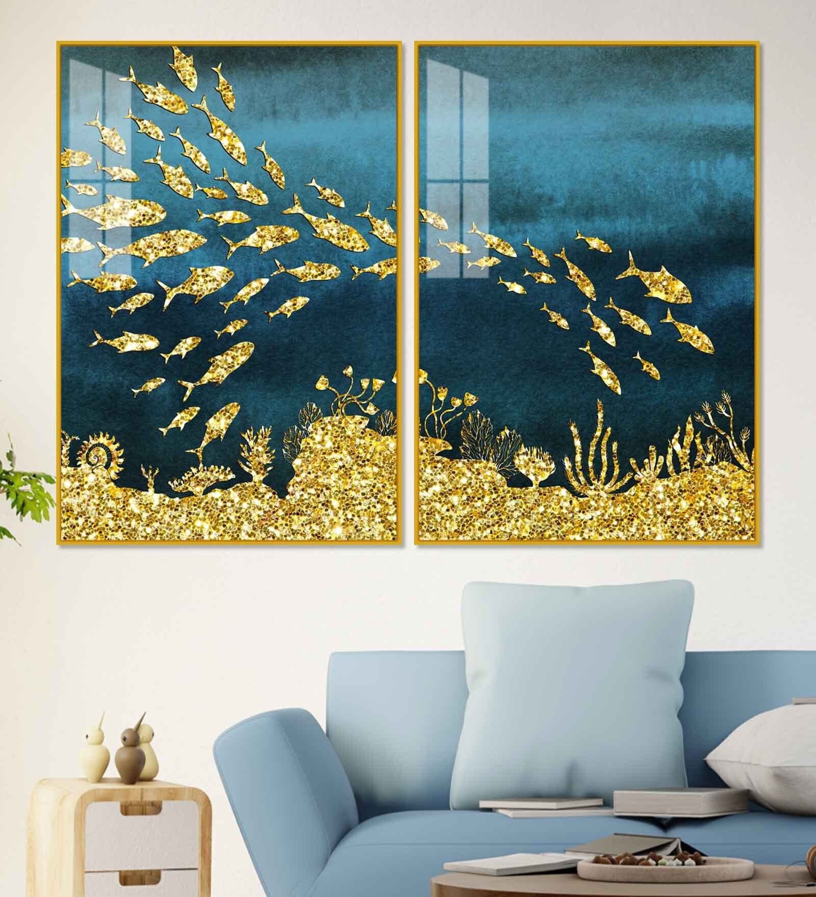 Beautiful Ocean View Of Golden Fish Acrylic Framed Art Panel (Set Of 2)