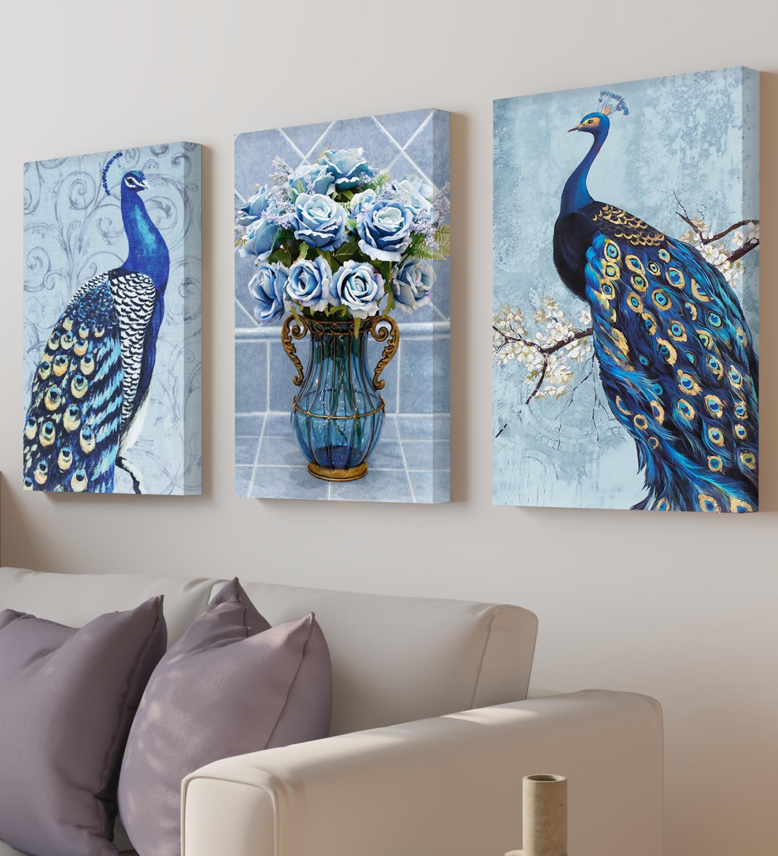 Beautiful Peacock Blue Synthetic Wood (Set of 3) Art Prints