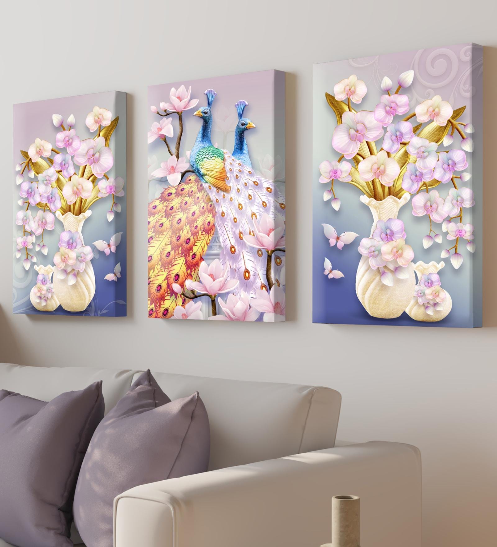 Beautiful Peacock Multicolour Synthetic Wood (Set of 3) Art Panels