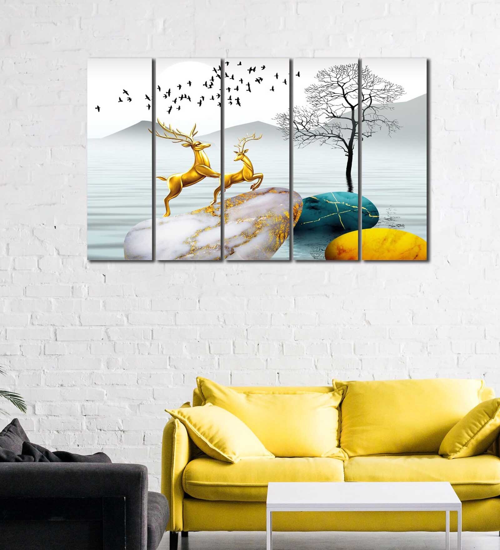 Beautiful View Of Nature with Reindeer MDF Art Panel Set of 5