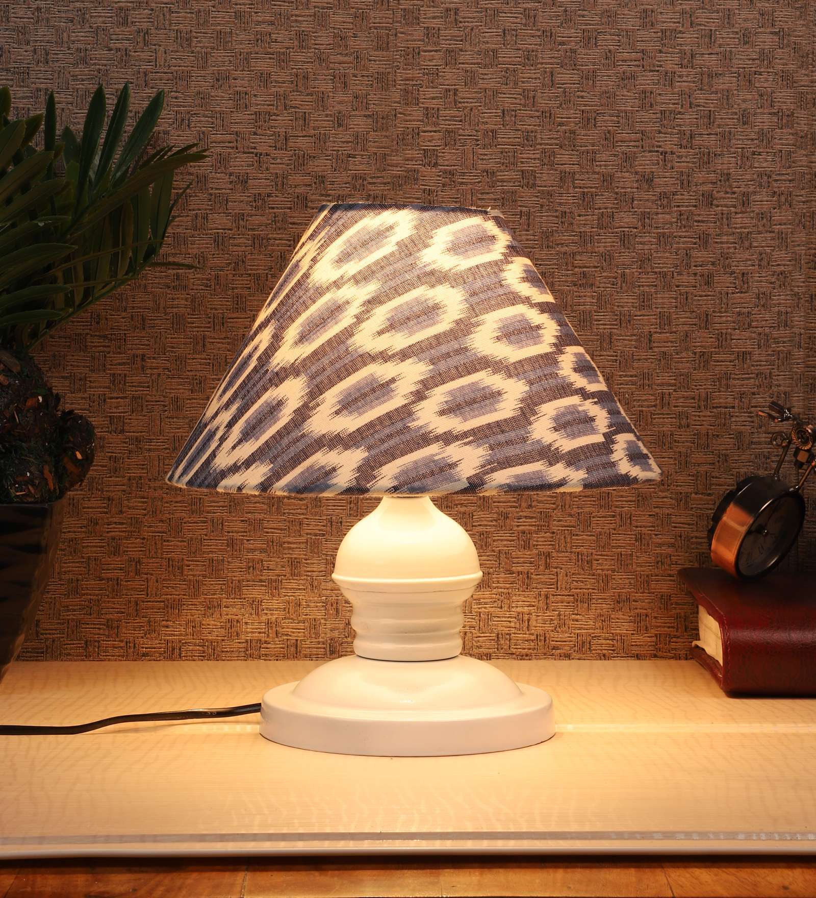 Bed Side White Metal Table Lamp With Ikat Print Shade