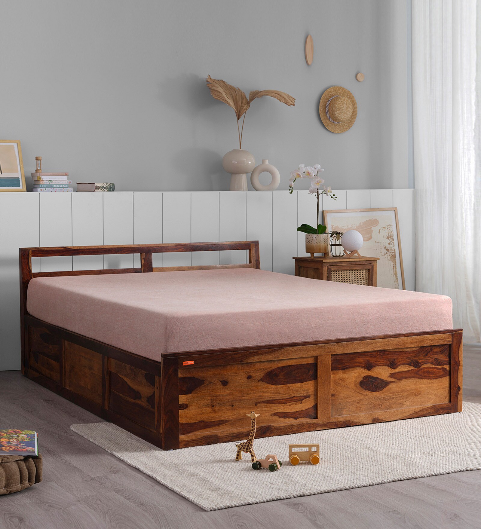 Buy Sheesham Wood King Size Bed in Provencial Teak Finish with Box