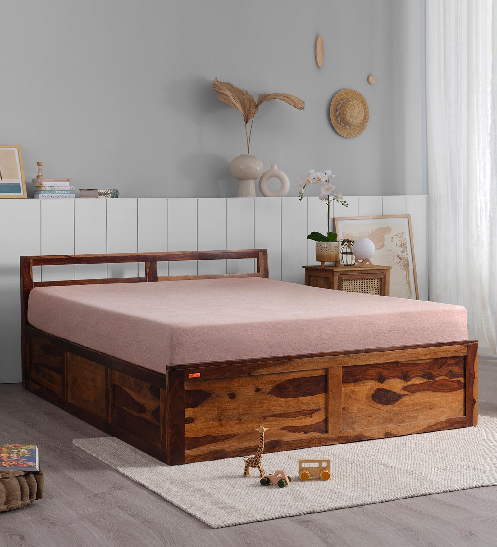 Buy Sheesham Wood Queen Size Bed In Provencial Teak Finish With Box ...