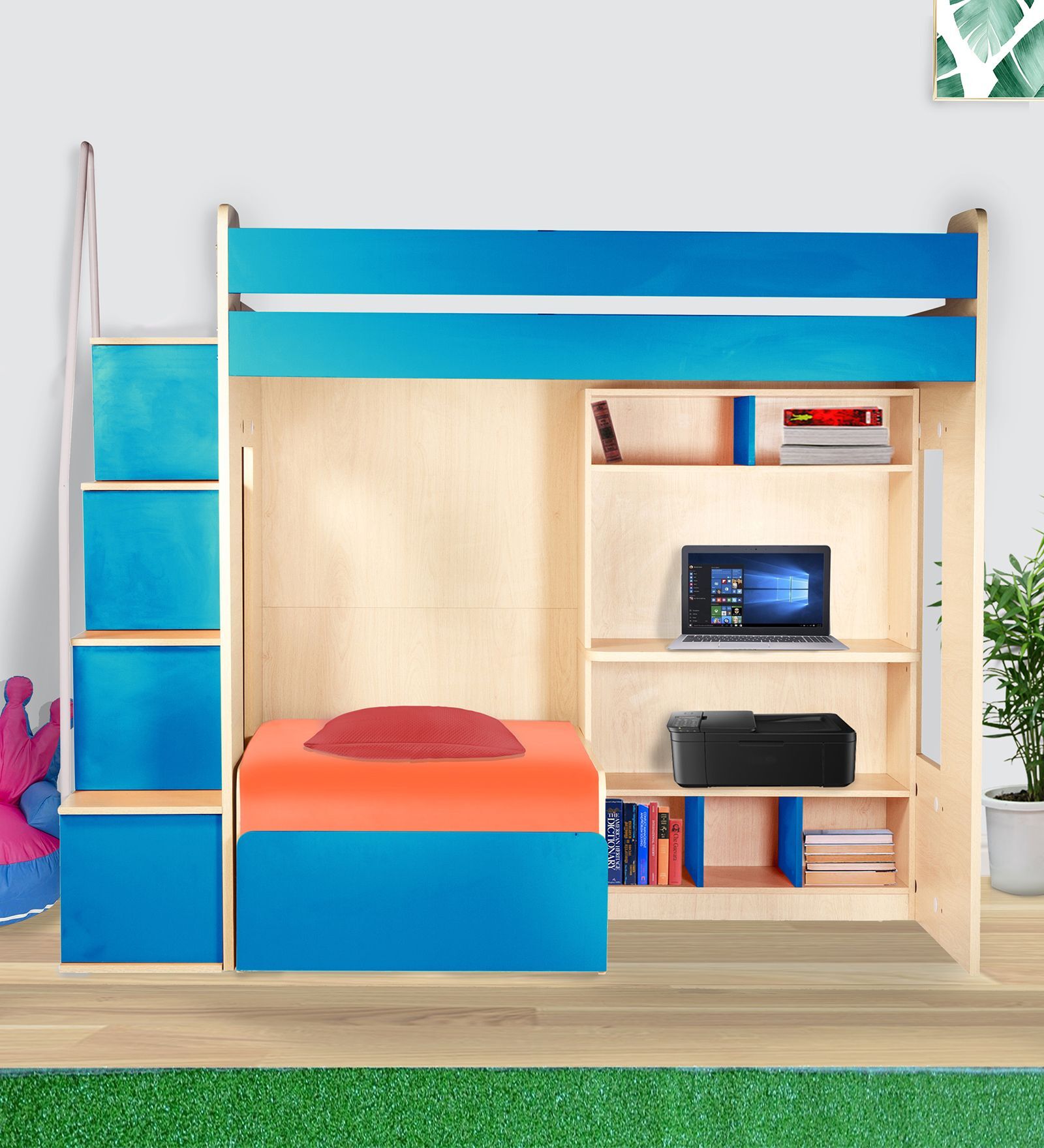 Combi Bunk Bed in Sky Blue Colour with Drawer Storage & Study Table