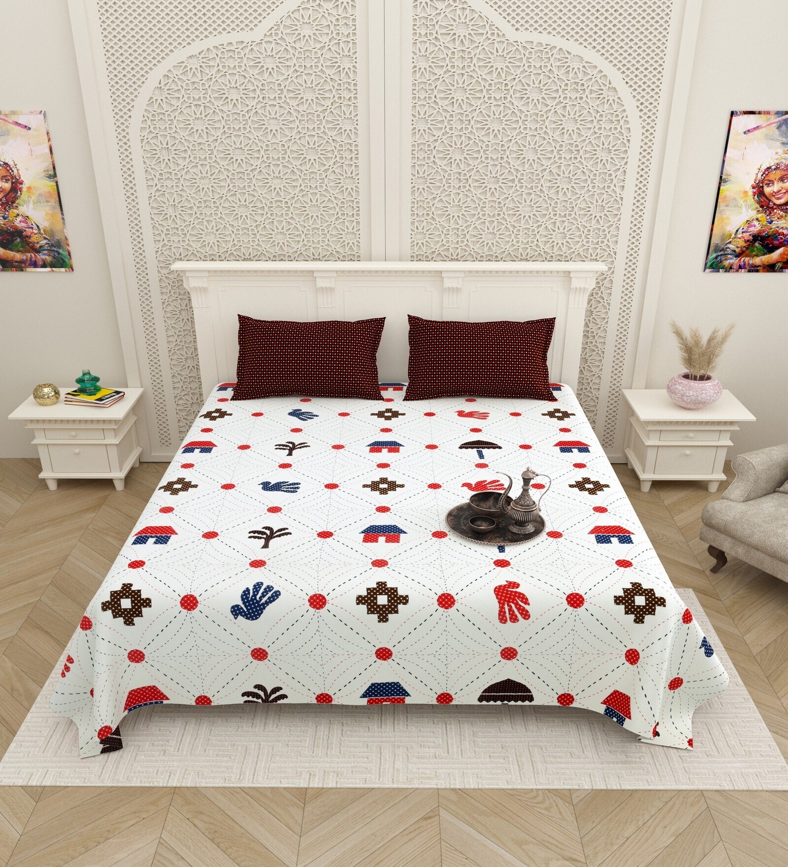 White Traditional print 144 TC Cotton King Size  Bedsheet With 2 Pillow Cover