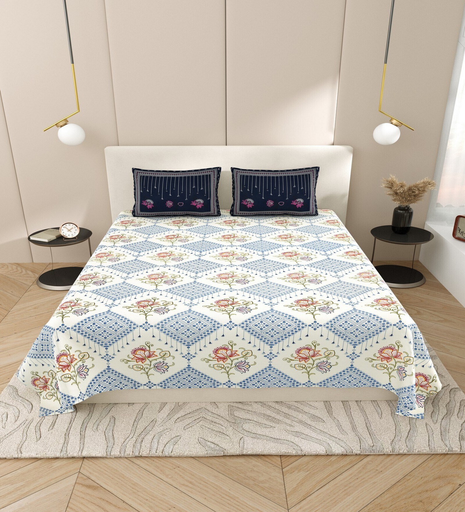 Blue Floral 144 TC Cotton King Size  Bedsheet With 2 Pillow Cover