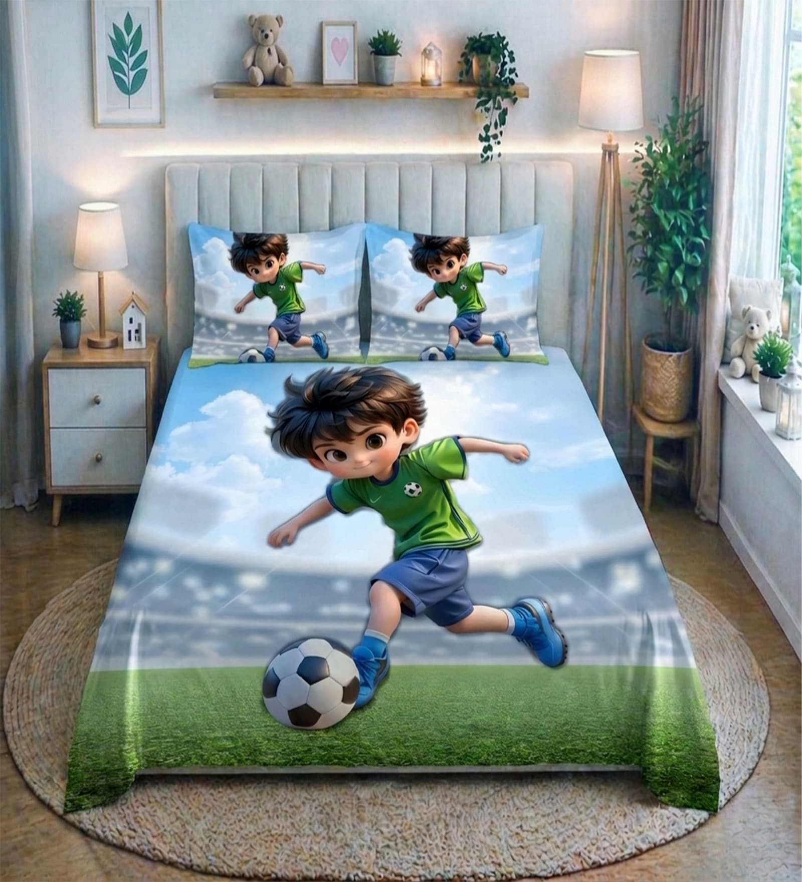 Blue 7D Digital Printed Sport Queen Size Bedsheet Sheet with 2 Matching Pillow Covers