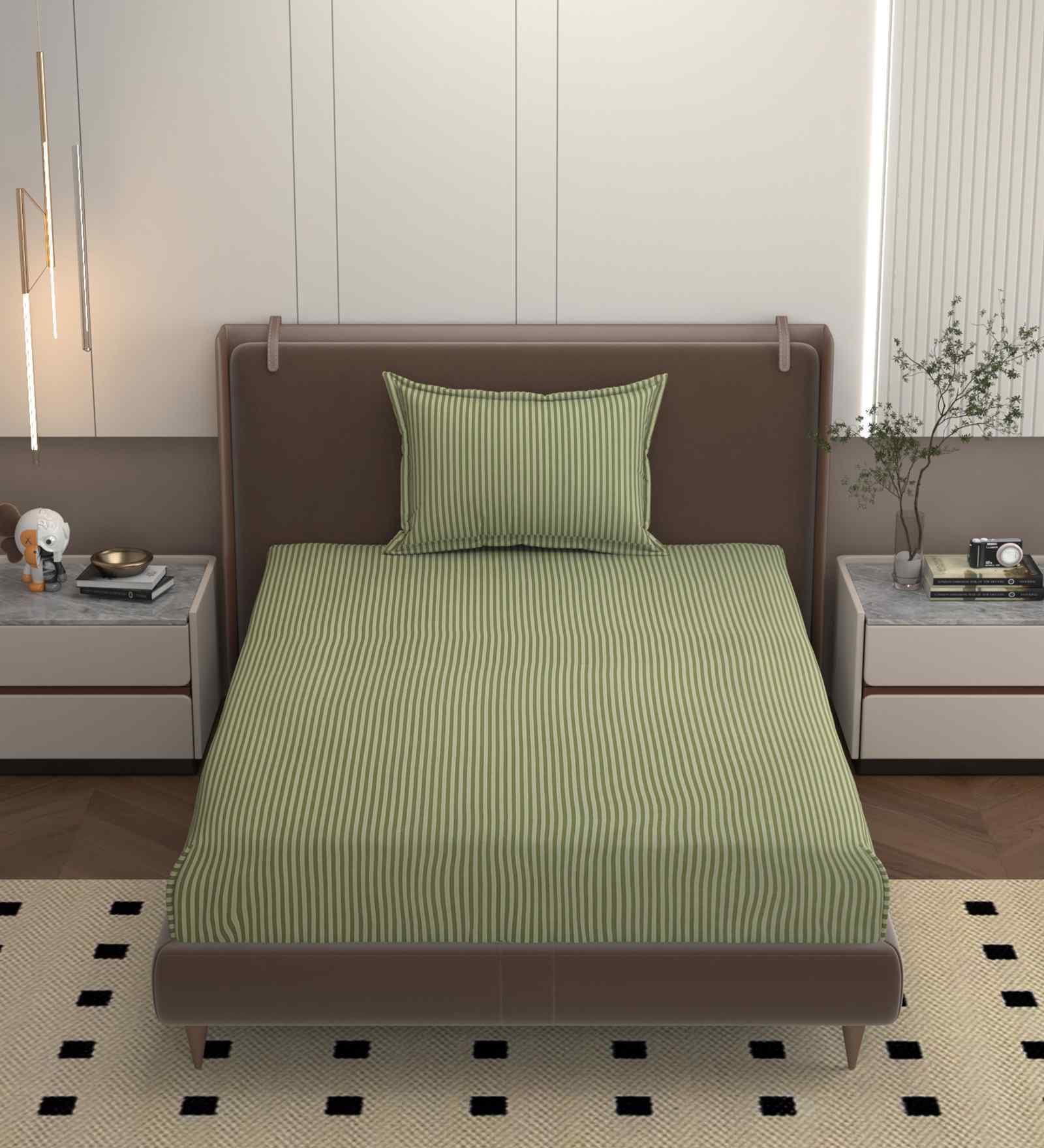 Green 250 Tc Cotton Bedsheet With 1 Pillow Covers