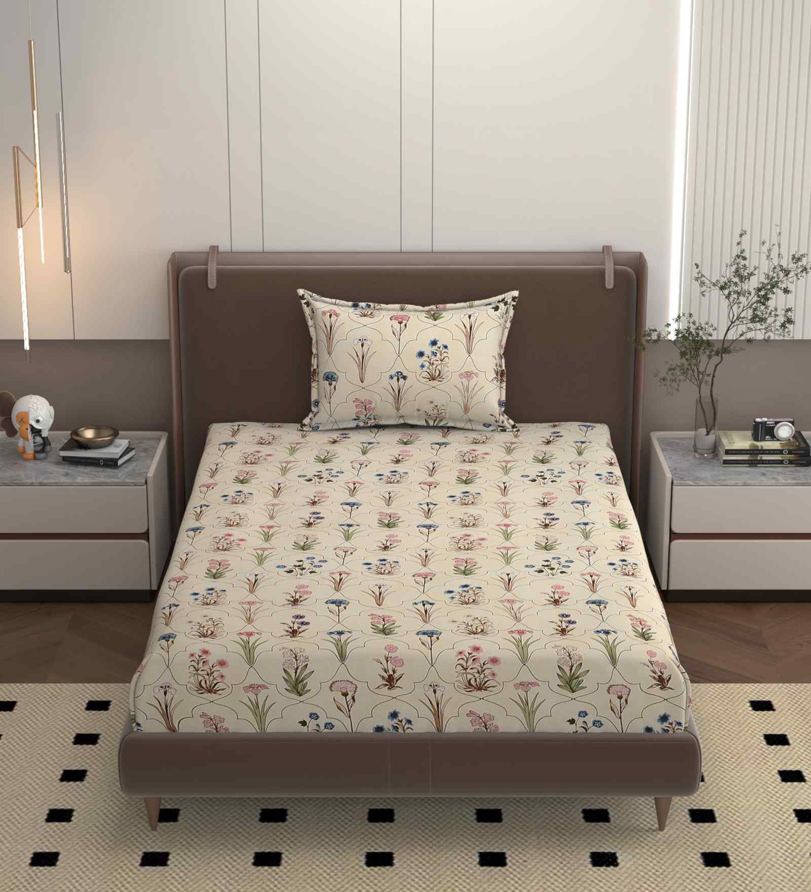 Cream 250 Tc Cotton Bedsheet With 1 Pillow Covers