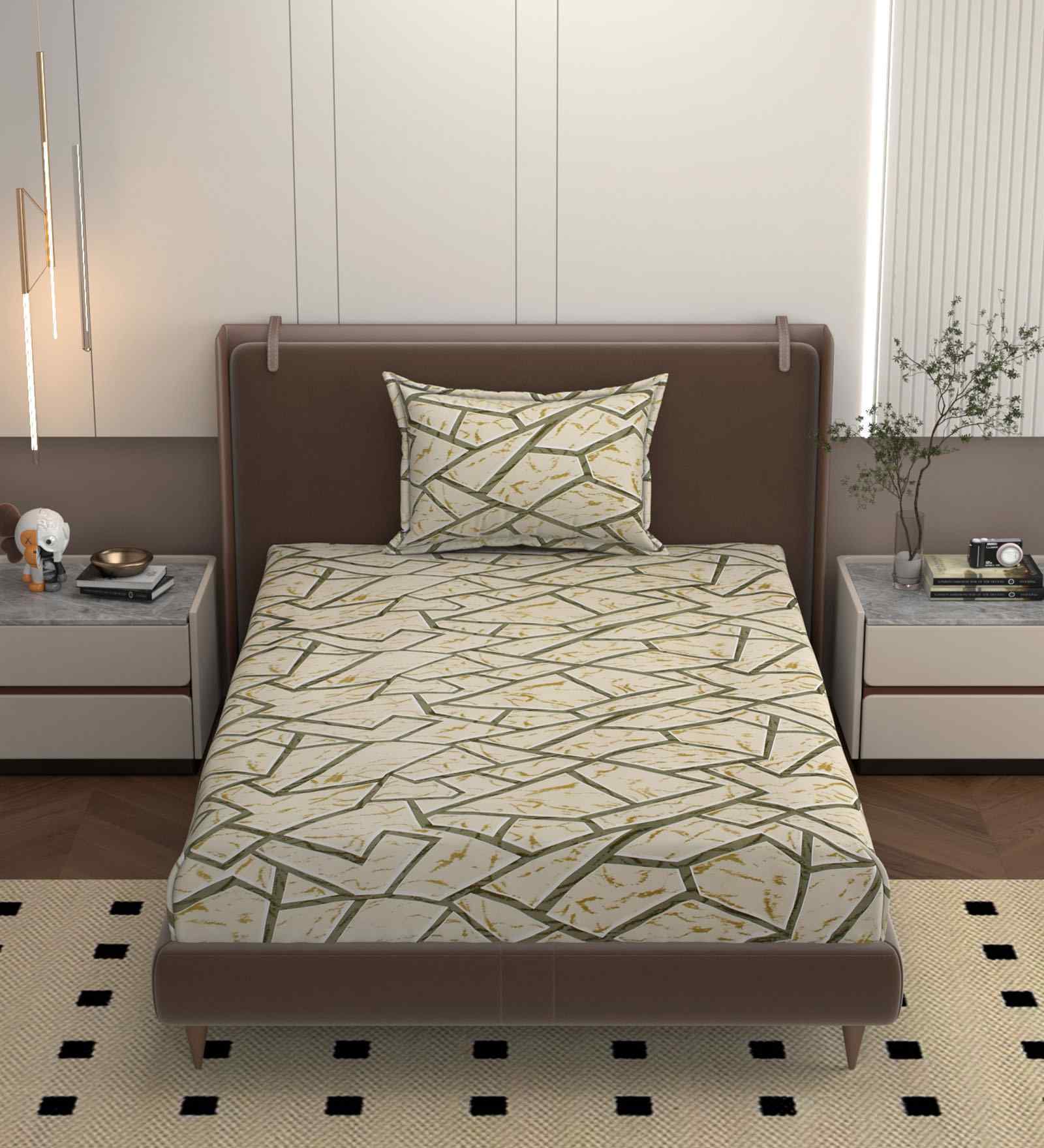 Beige 250 Tc Cotton Bedsheet With 1 Pillow Covers