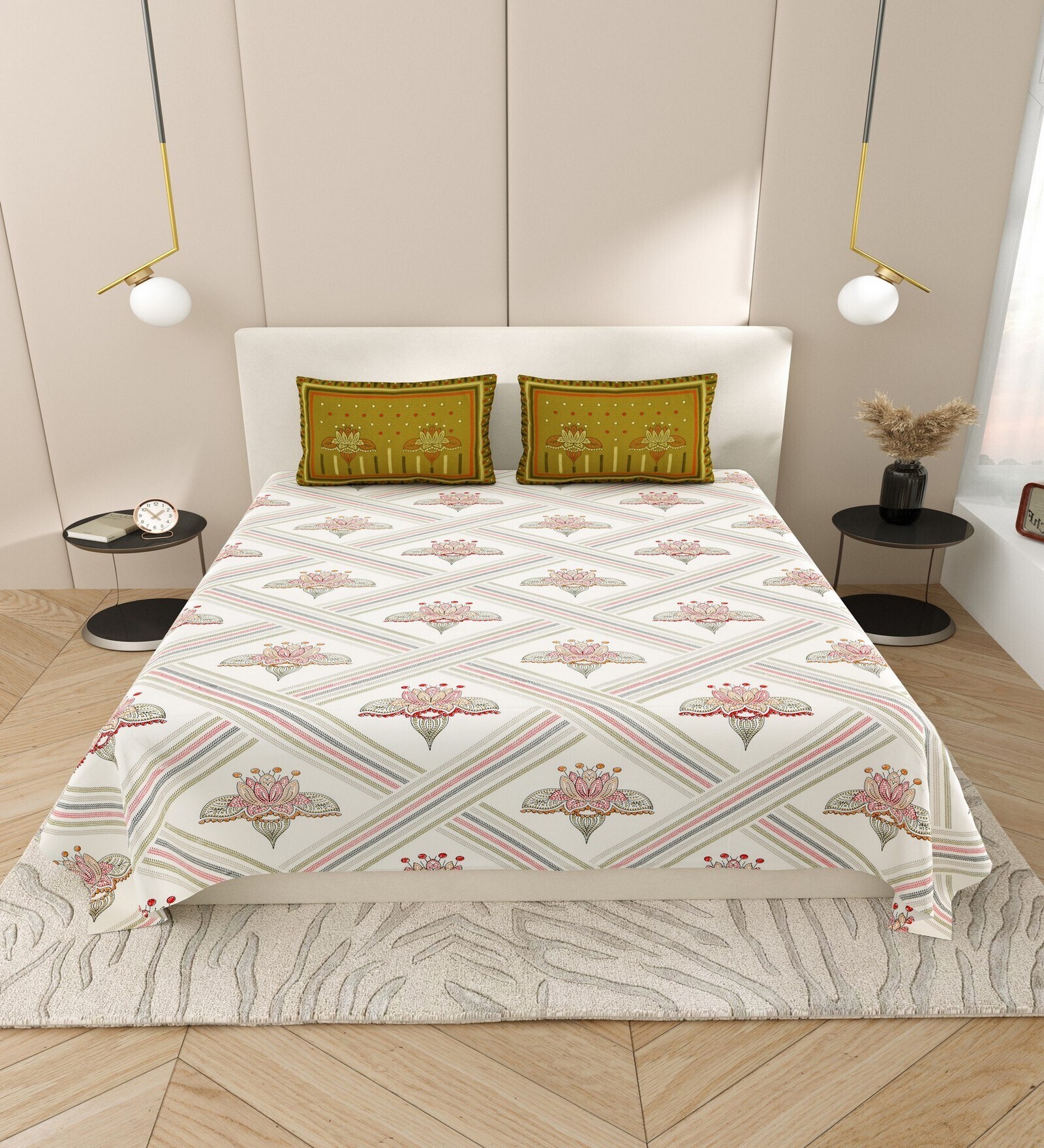 White Floral 144 TC Cotton King Size  Bedsheet With 2 Pillow Cover