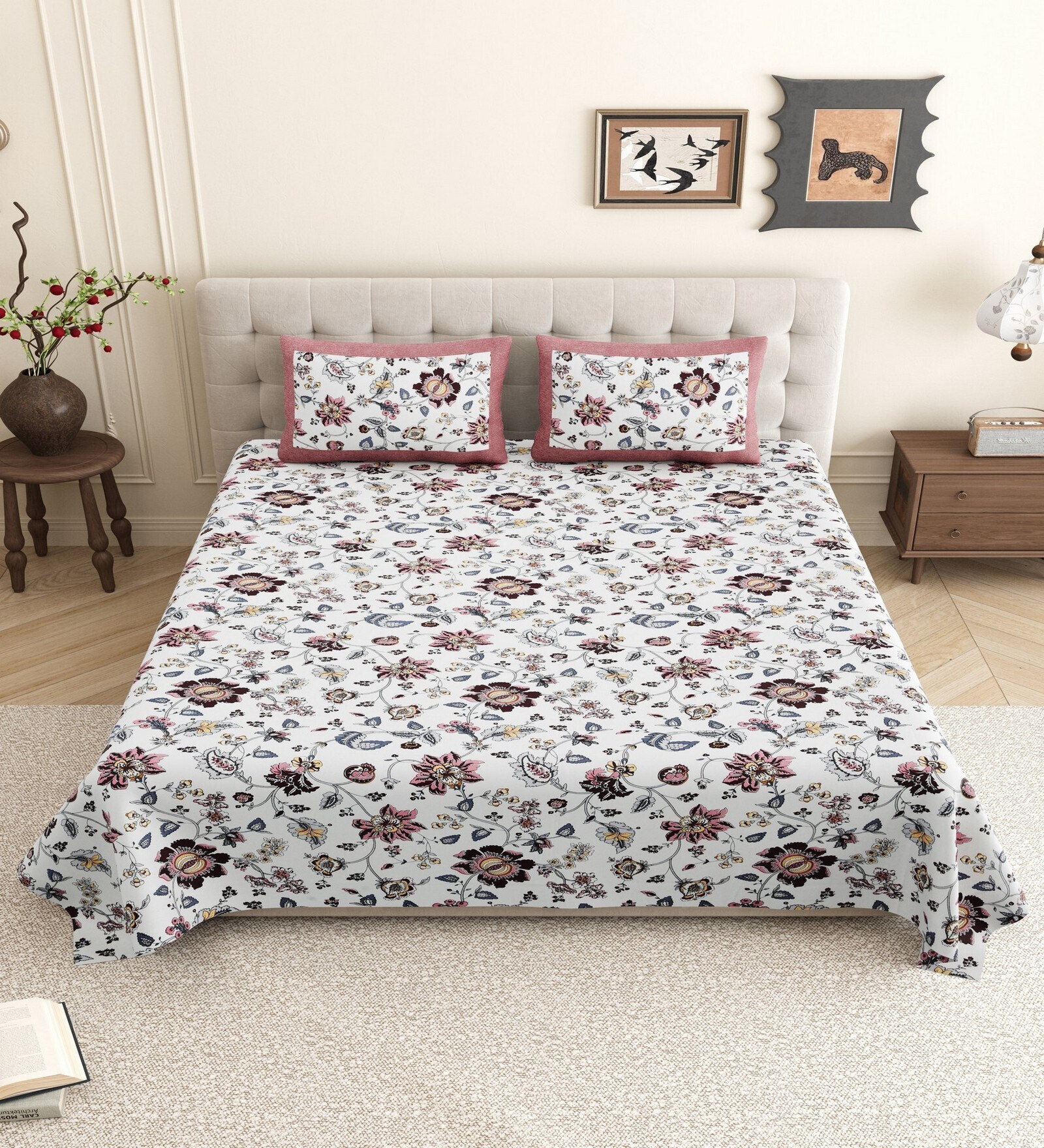 White Floral 144 TC Cotton King Size  King Size Bedsheet With 2 Pillow Cover