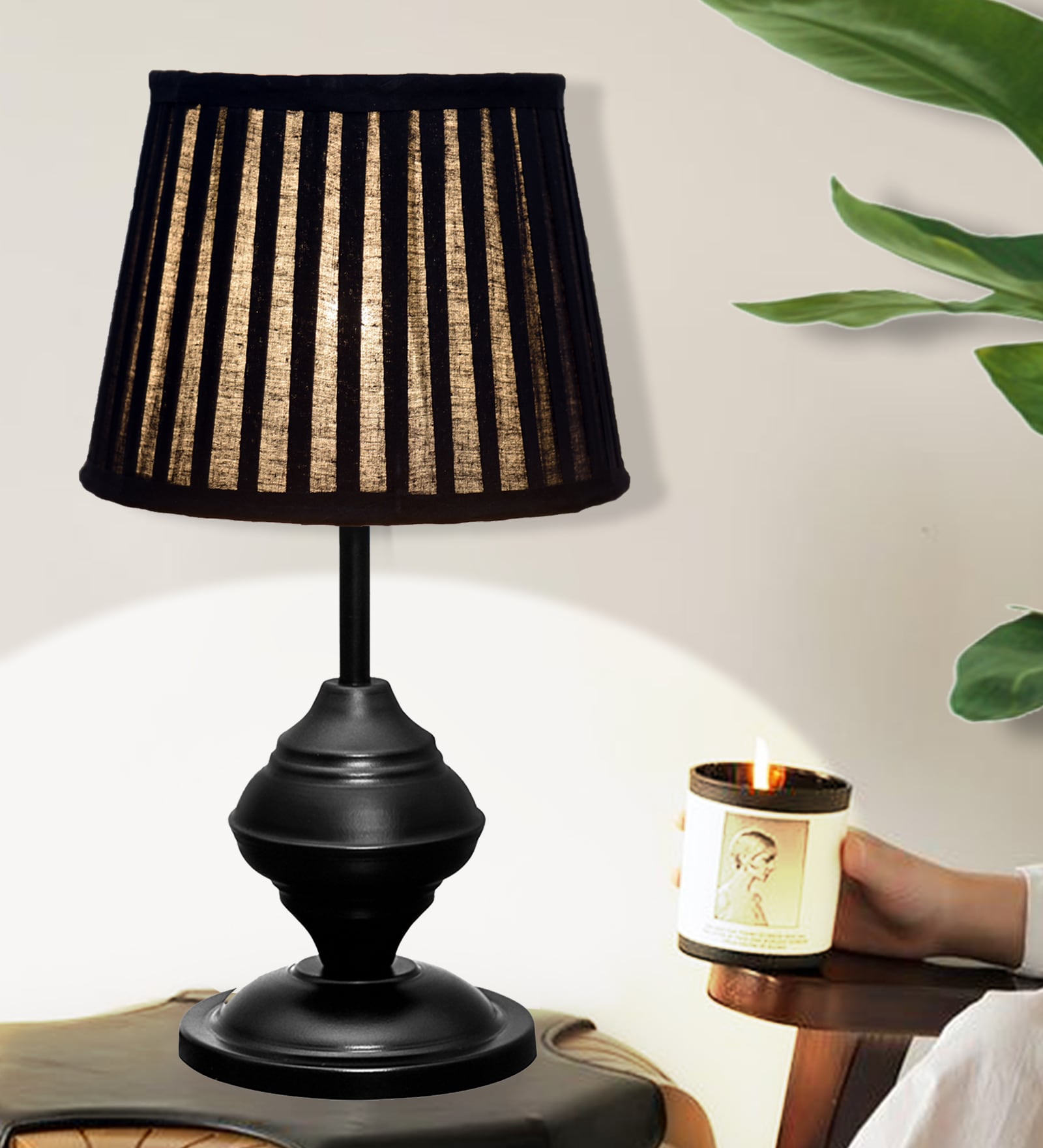 Black Bedside Table Lamp with Fabric Shade