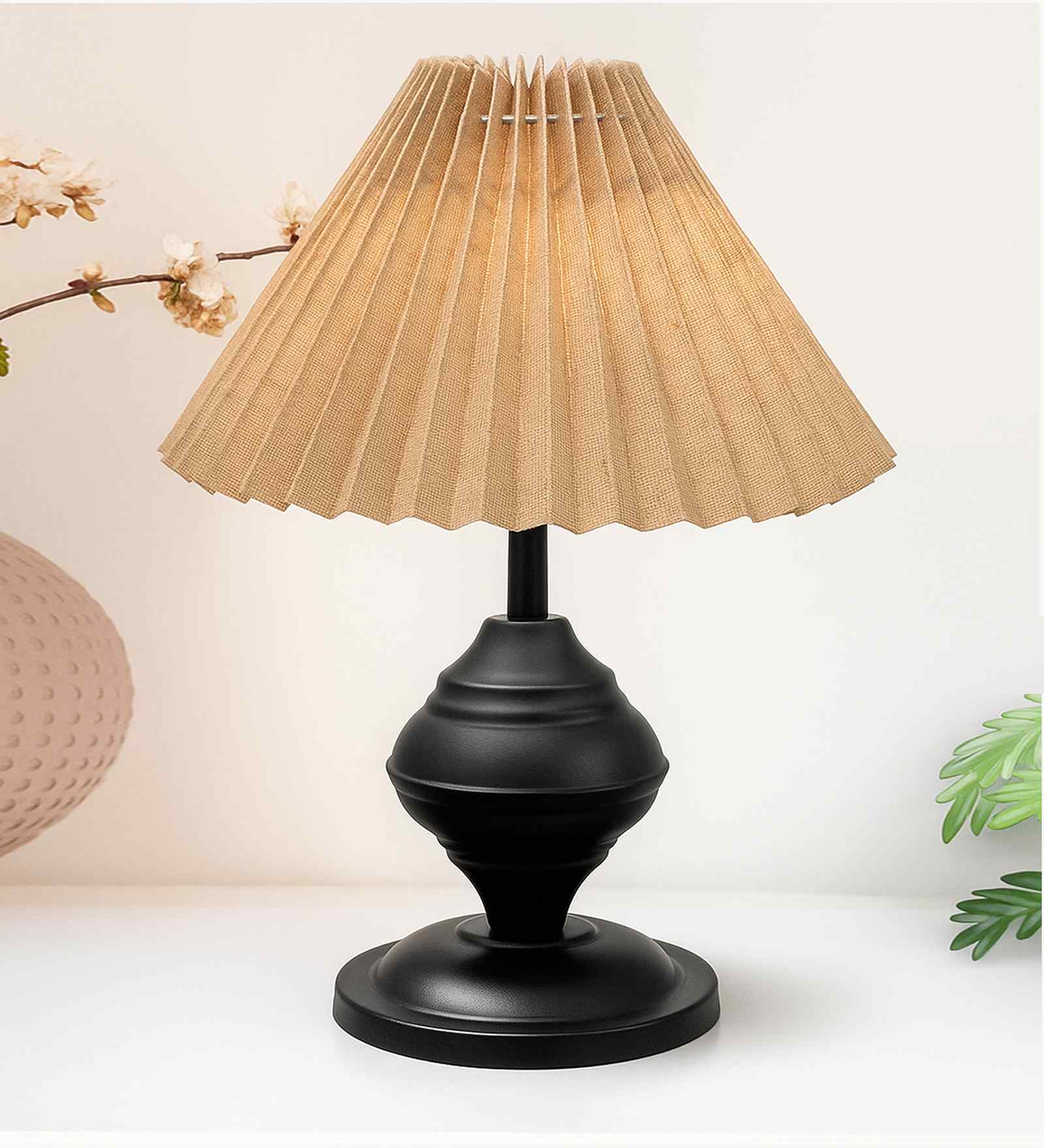 Brown Bedside Black Table Lamp with Fabric Shade