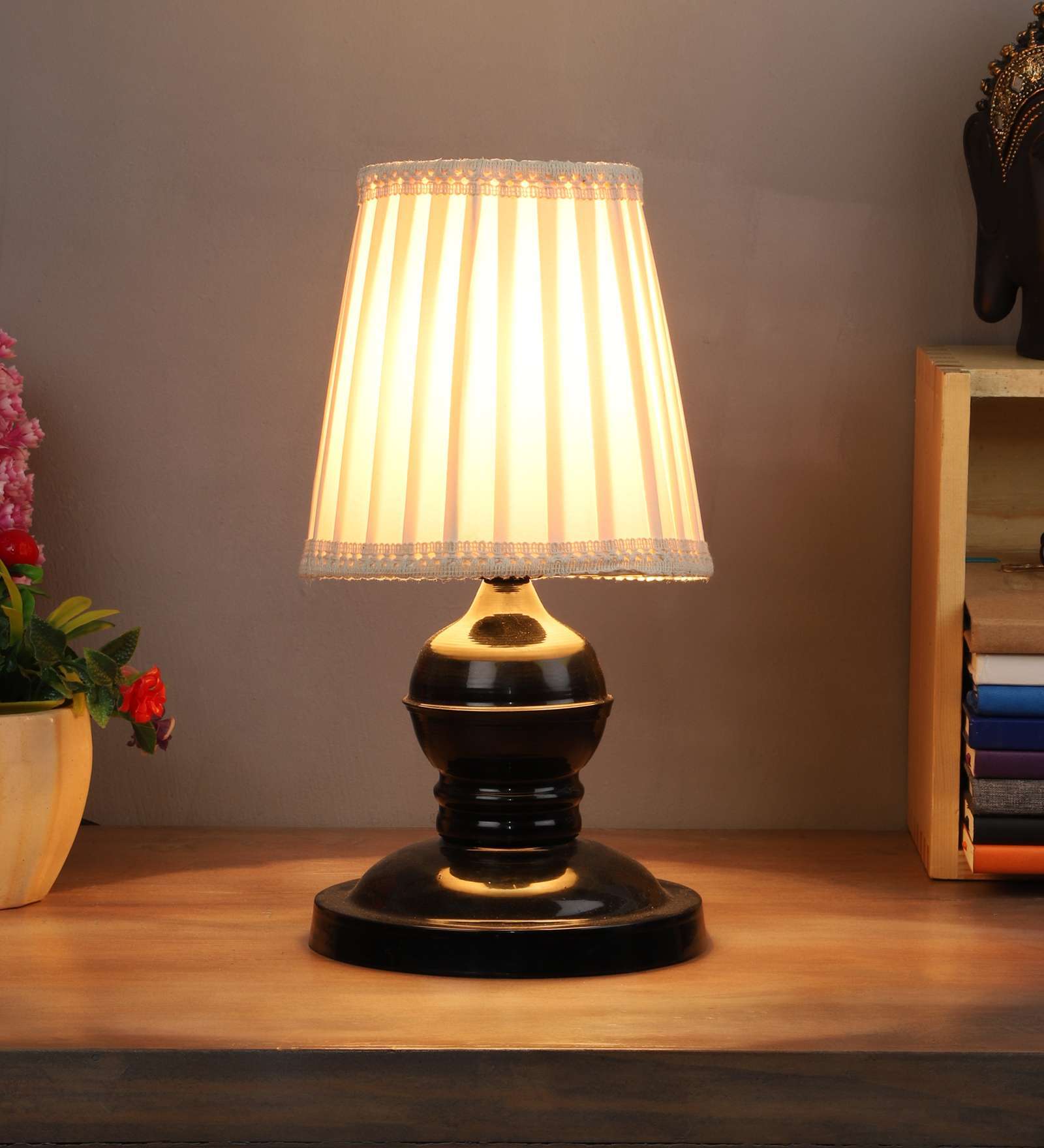 Bedside Black Metal Table lamp with offwhite pleated shade Tu Casa
