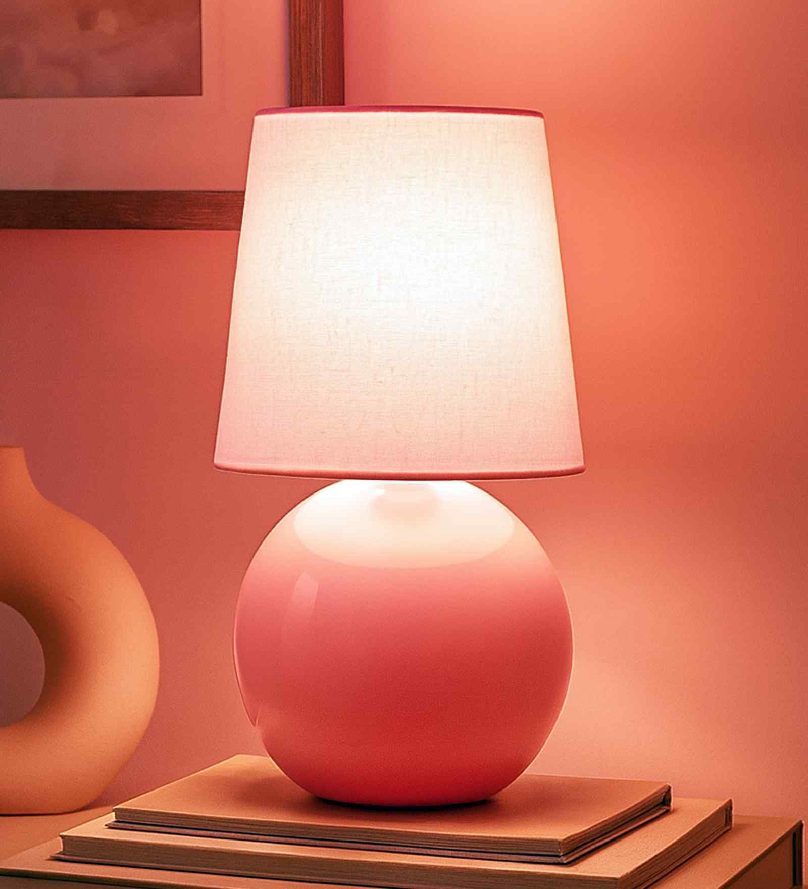Bedside Ceramic Table Lamp, Classic Desk lamp for Living Room Bedroom, Farmhouse Nightstand Lamps Round with Pink Fabric Shade Bedside Ceramic Table Lamp, Classic Desk lamp for Living Room Bedroom, Farmhouse Nightstand Lamps Round with Pink Fabric Shade