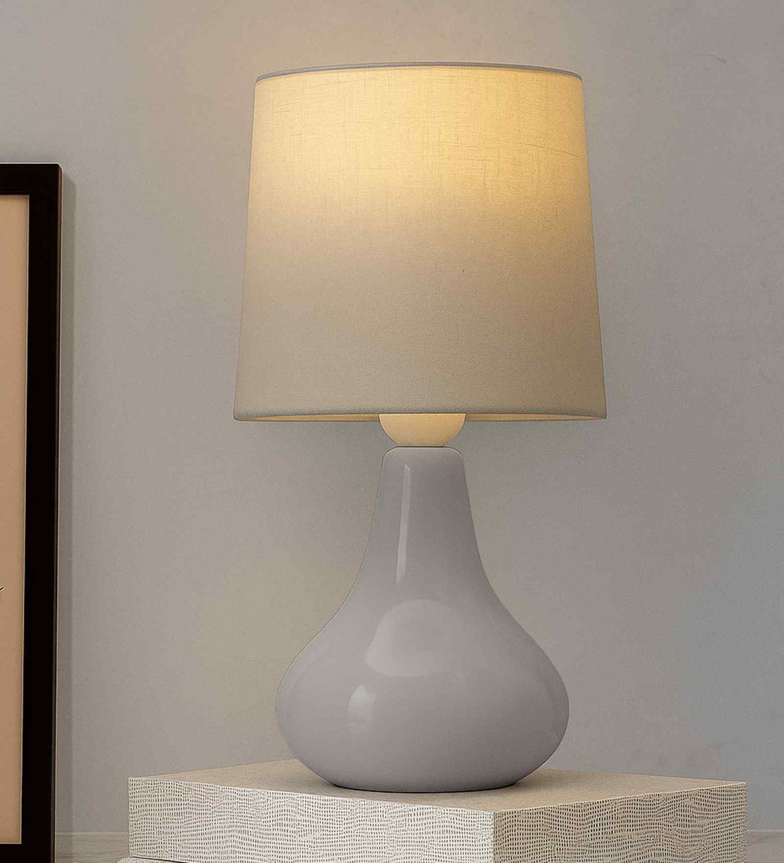 Bedside Ceramic Table Lamp, Classic Desk lamp for Living Room Bedroom, Farmhouse Nightstand Lamps Teardrop with Gray Fabric Shade